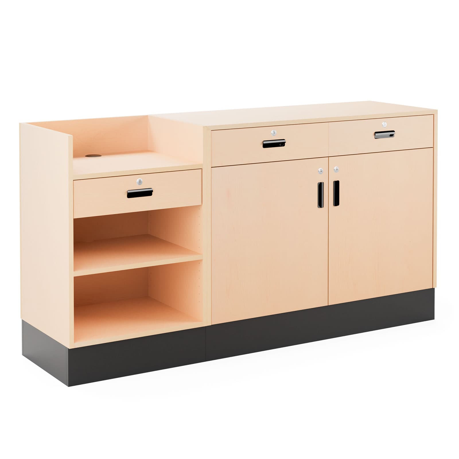 2-piece cash wrap features storage space with lockable doors and drawers