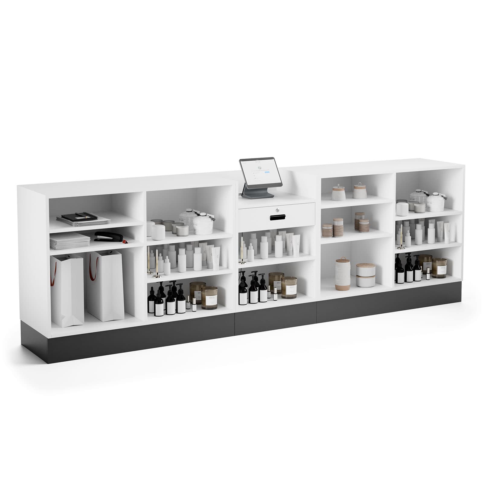 3-piece cash wrap offers a large amount of storage capacity on the employee side
