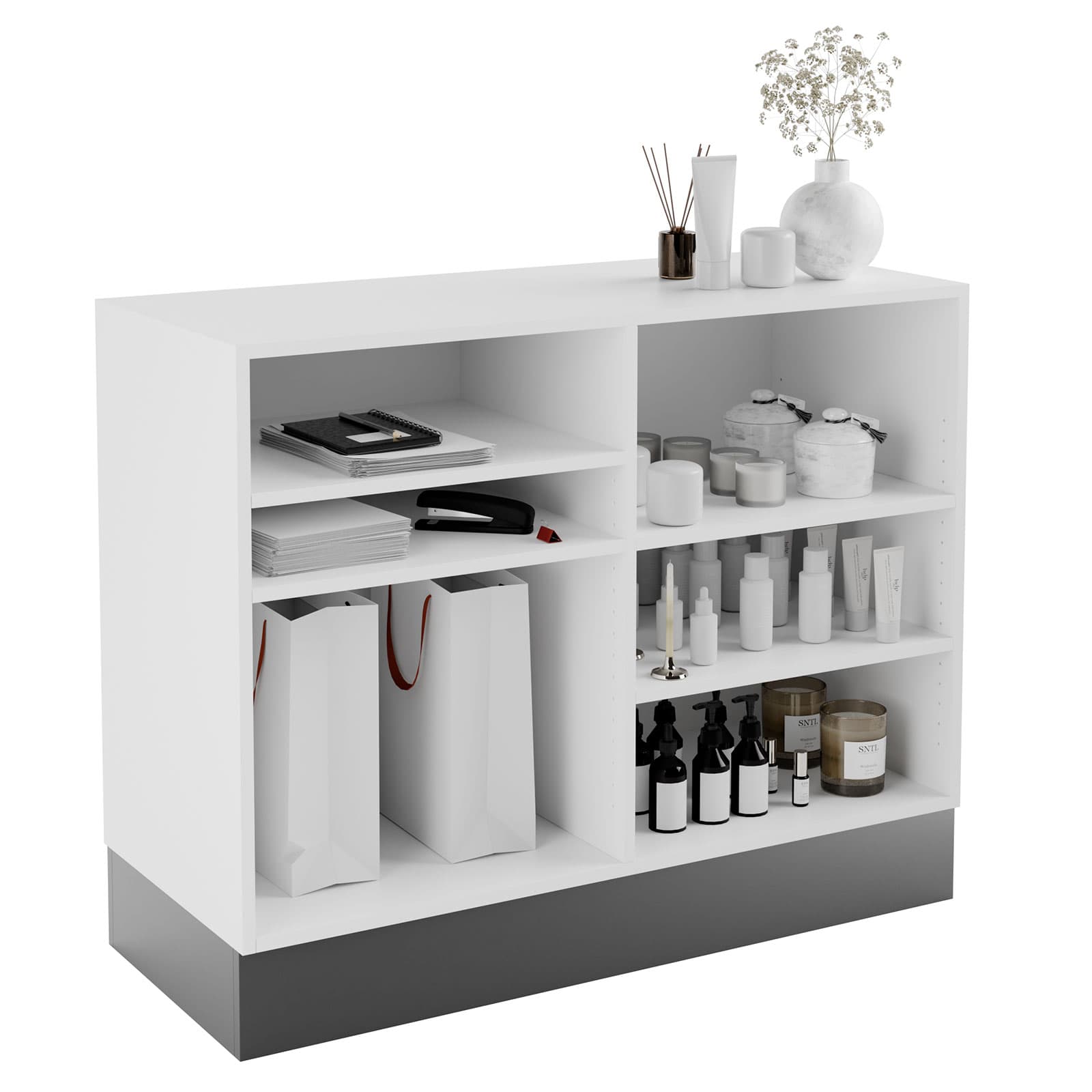 3-piece cash wrap includes adjustable shelves for customization