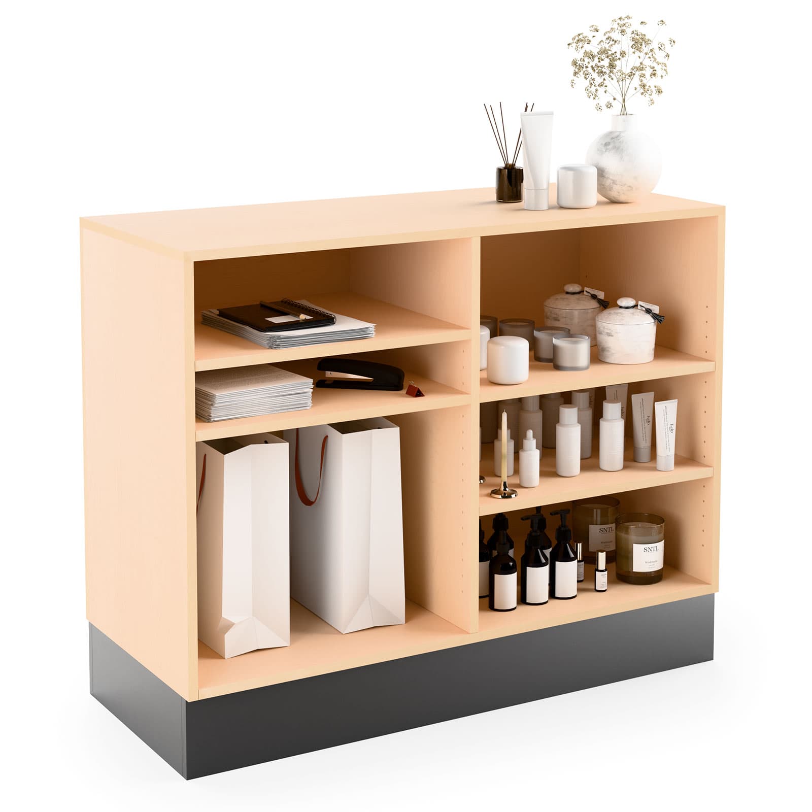 Flat top sales counter with open storage for stocking bags and other supplies