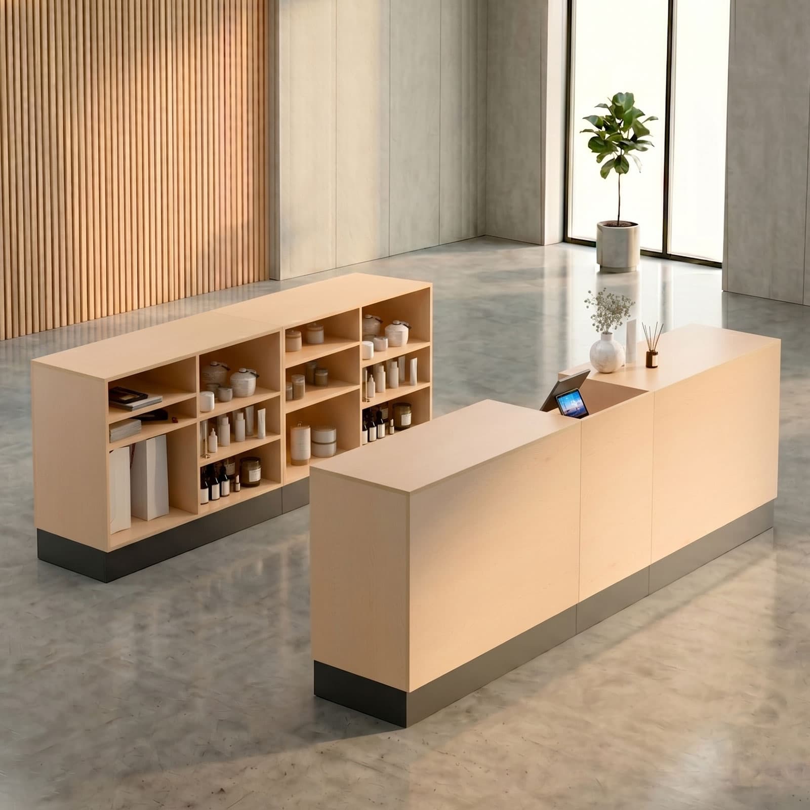 Flat top sales counter with open storage can be used on its own or as part of a larger cash wrap configuration