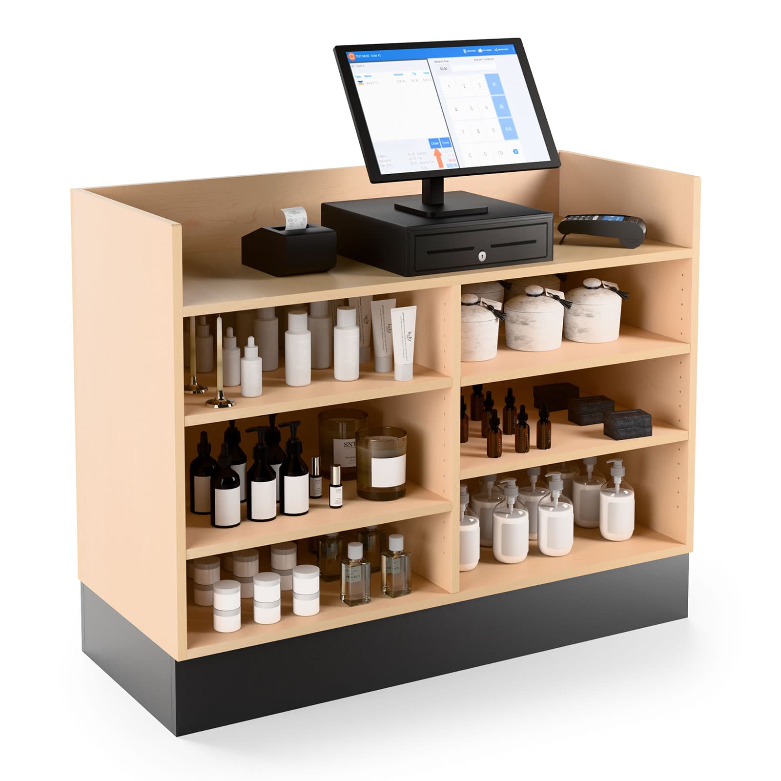 Recessed top sales counter with open storage features large capacity for stocking supplies
