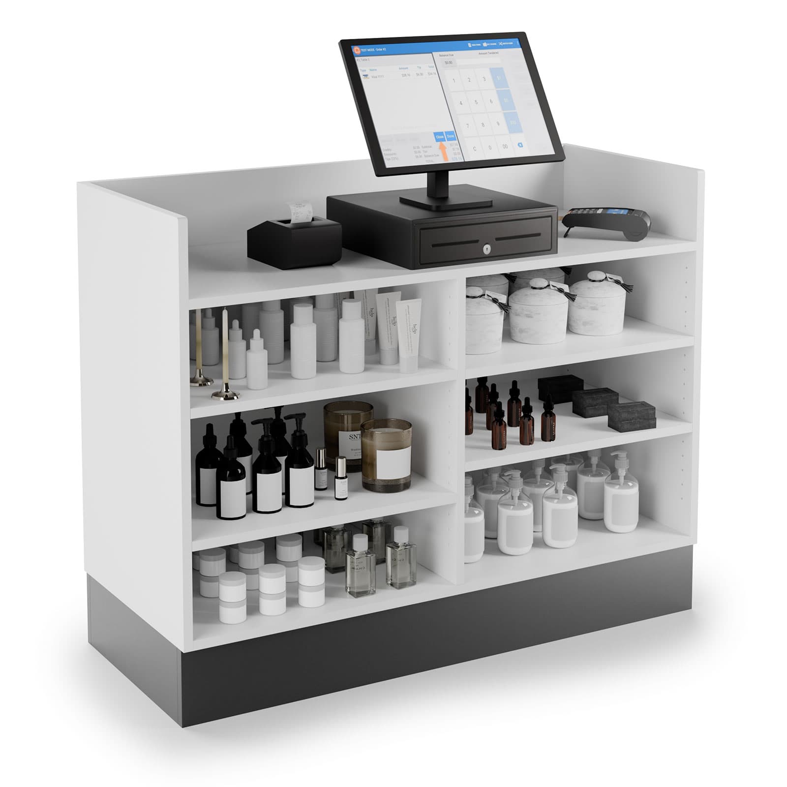 Recessed top sales counter with open storage accommodates cash registers or tablet checkouts