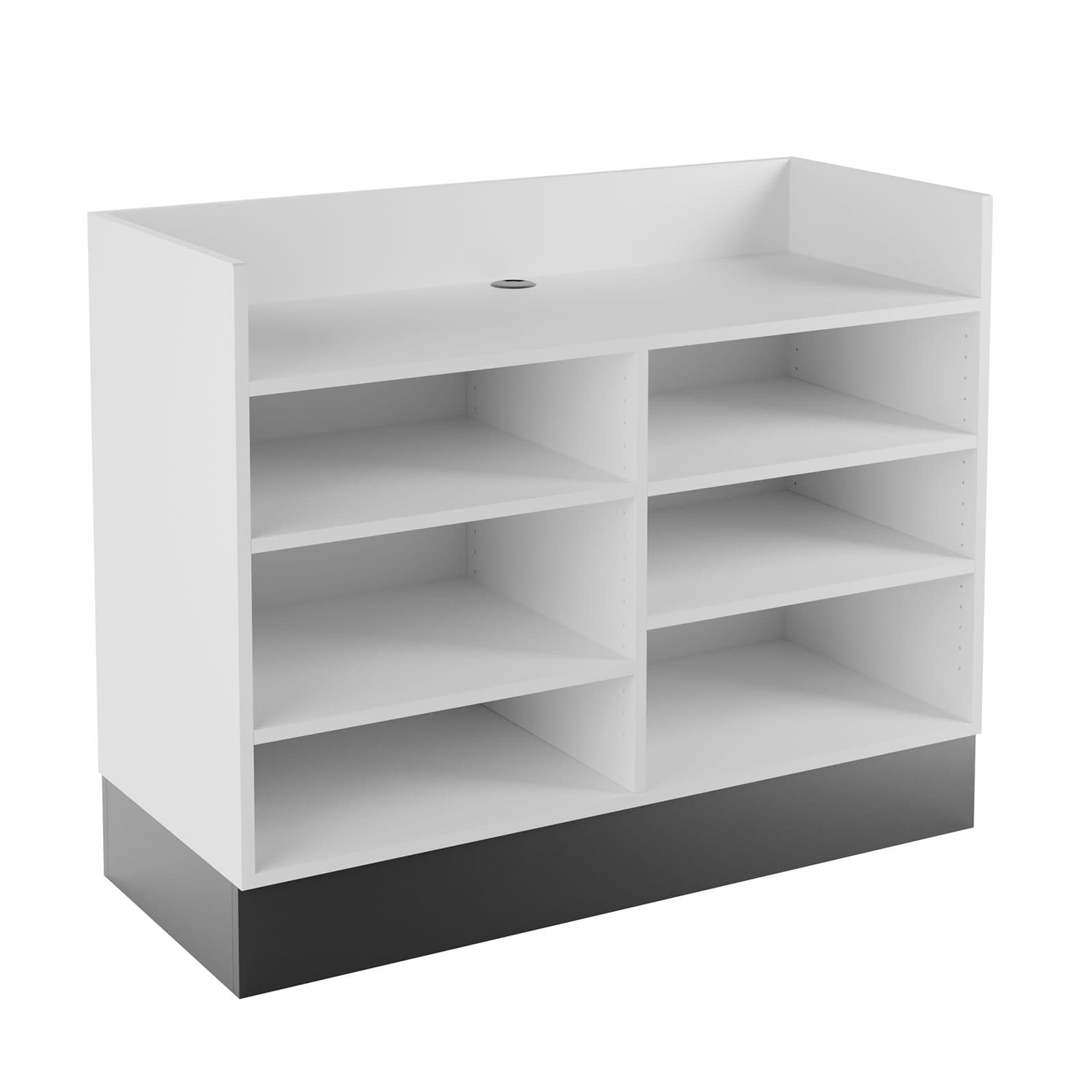 Recessed top sales counter with open storage features cord management hole on top shelf