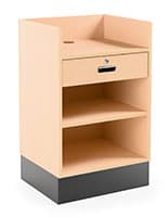 Register stand with recessed top features maple finish with a black toe kick