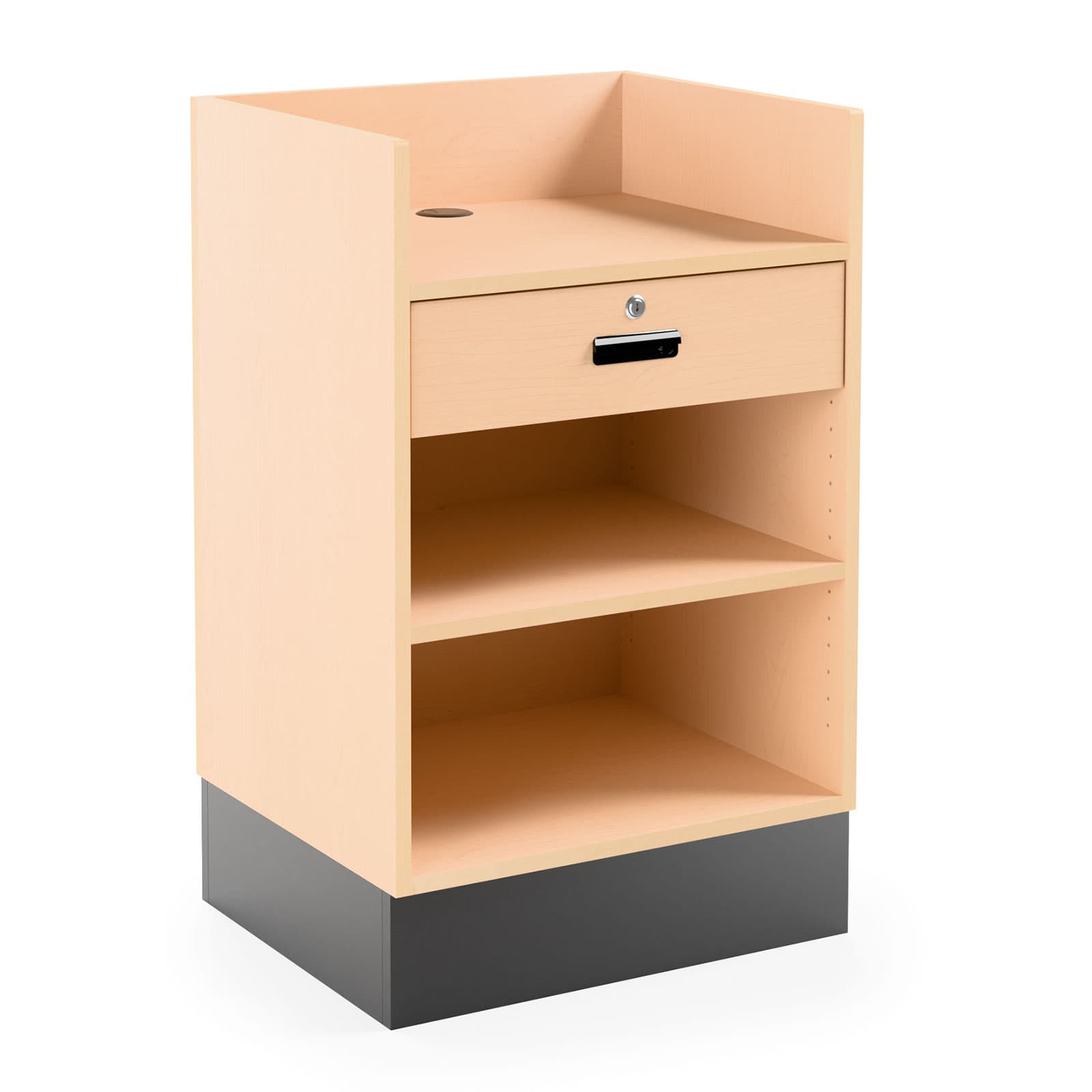 Register stand with recessed top and storage space