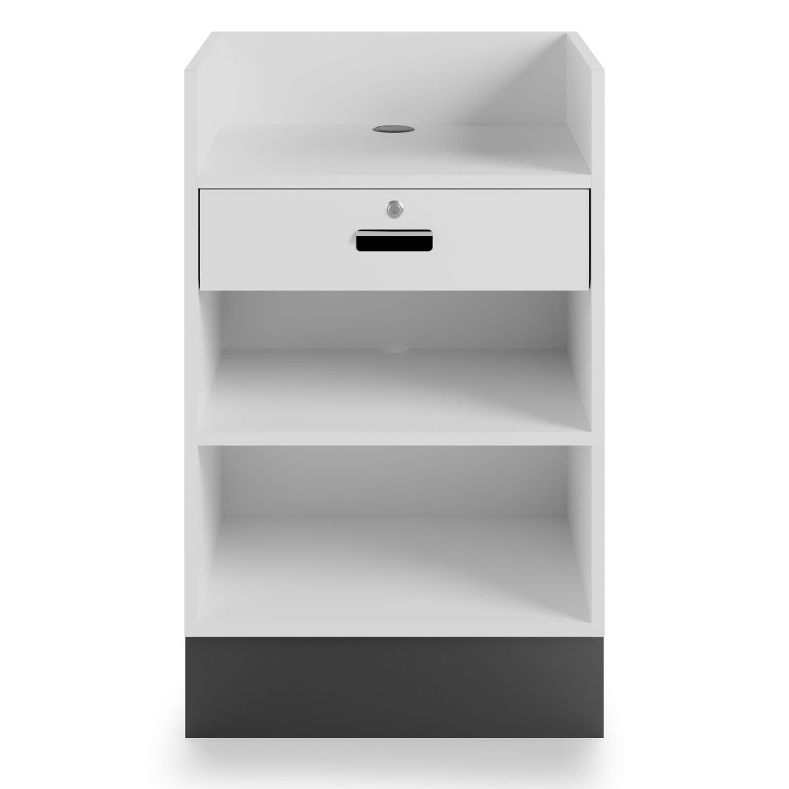 Register stand with recessed top features locking drawer for security