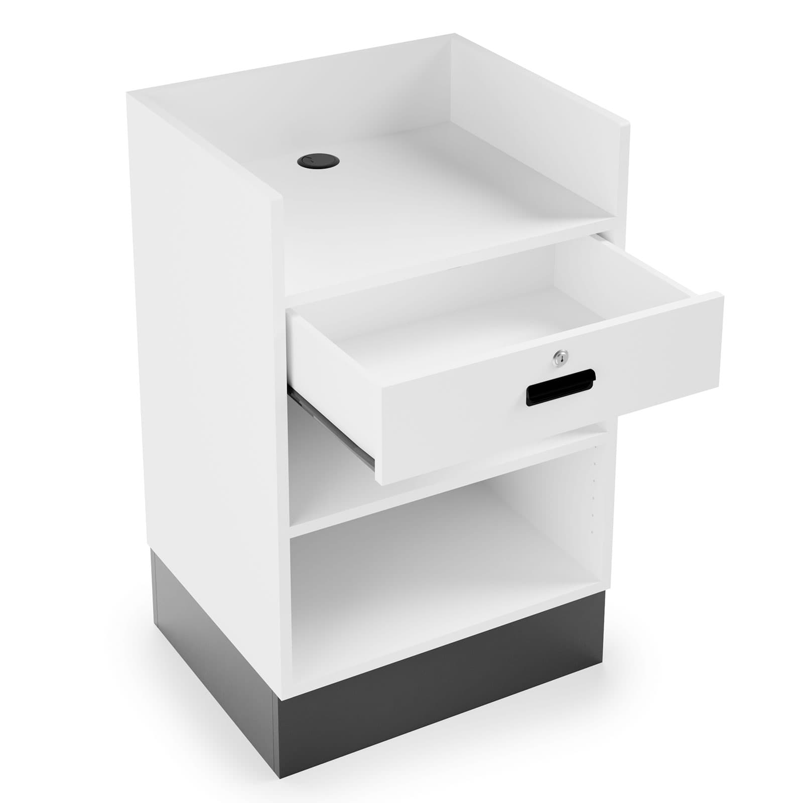 Register stand with recessed top offers cord management hole for hiding POS cables