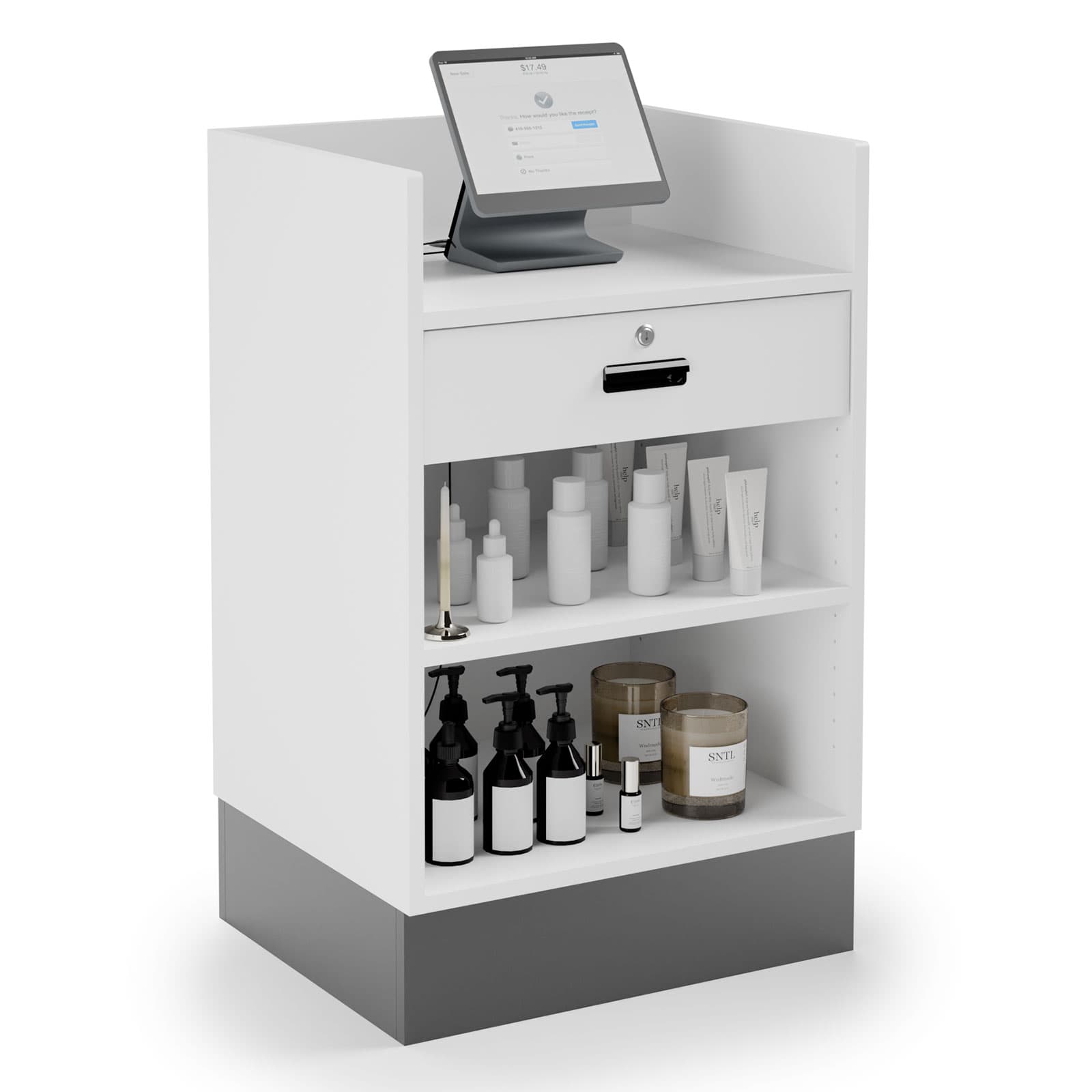 Register stand with recessed top provides ample storage space