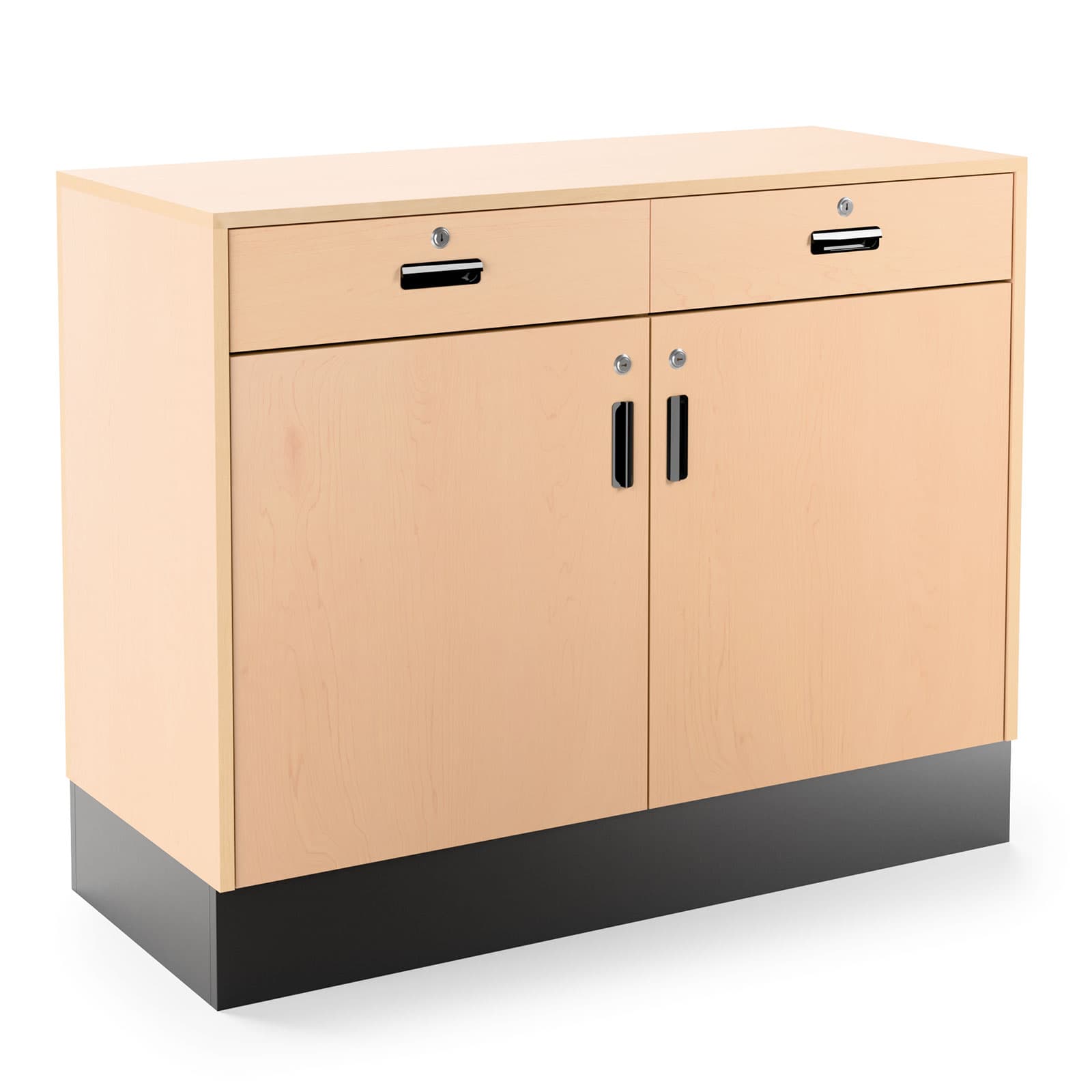Flat top sales counter with lockable storage features two drawers and sizable cabinet space