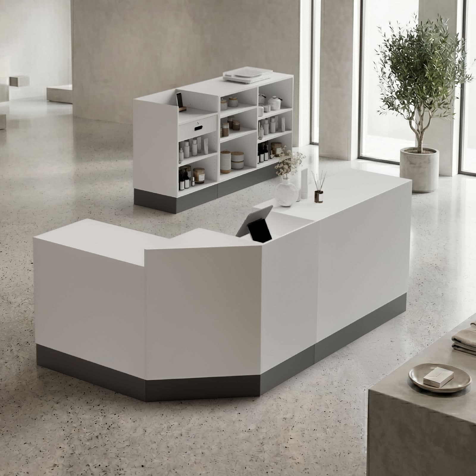Flat top sales counter with lockable storage as part of a larger cash wrap configuration