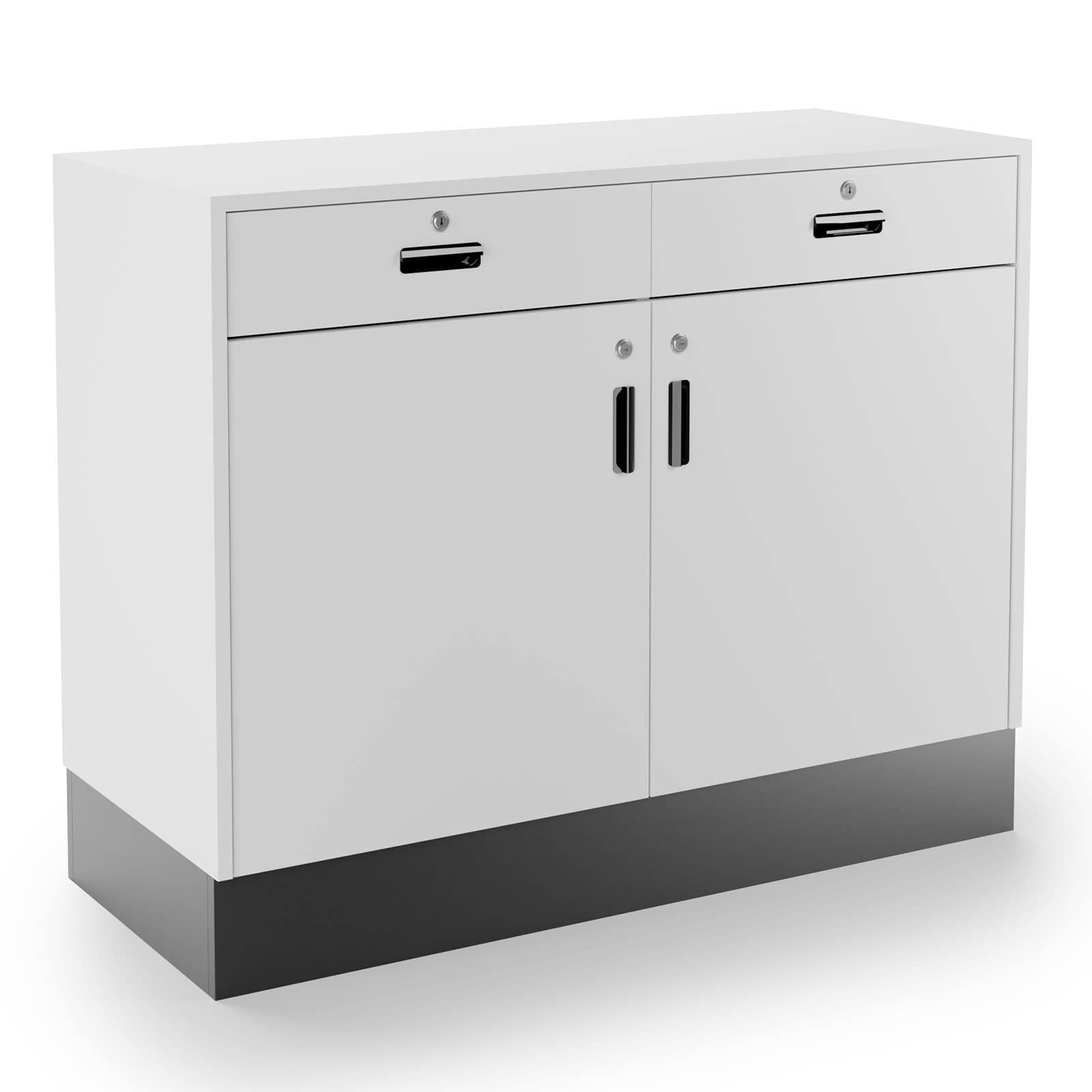 Flat top sales counter with lockable storage comes in satin white finish with durable black toe kick