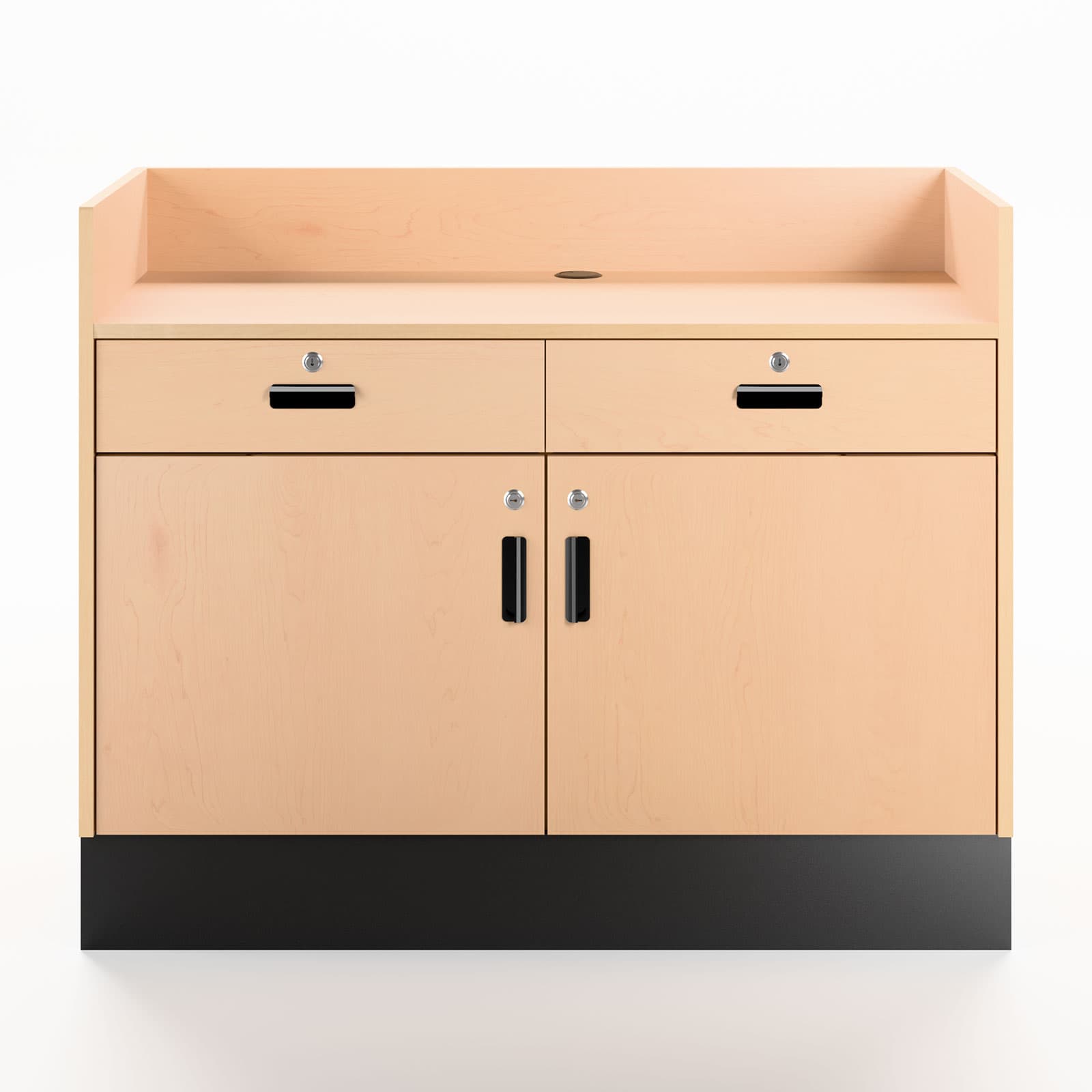 Recessed top sales counter with lockable storage shown from the employee side