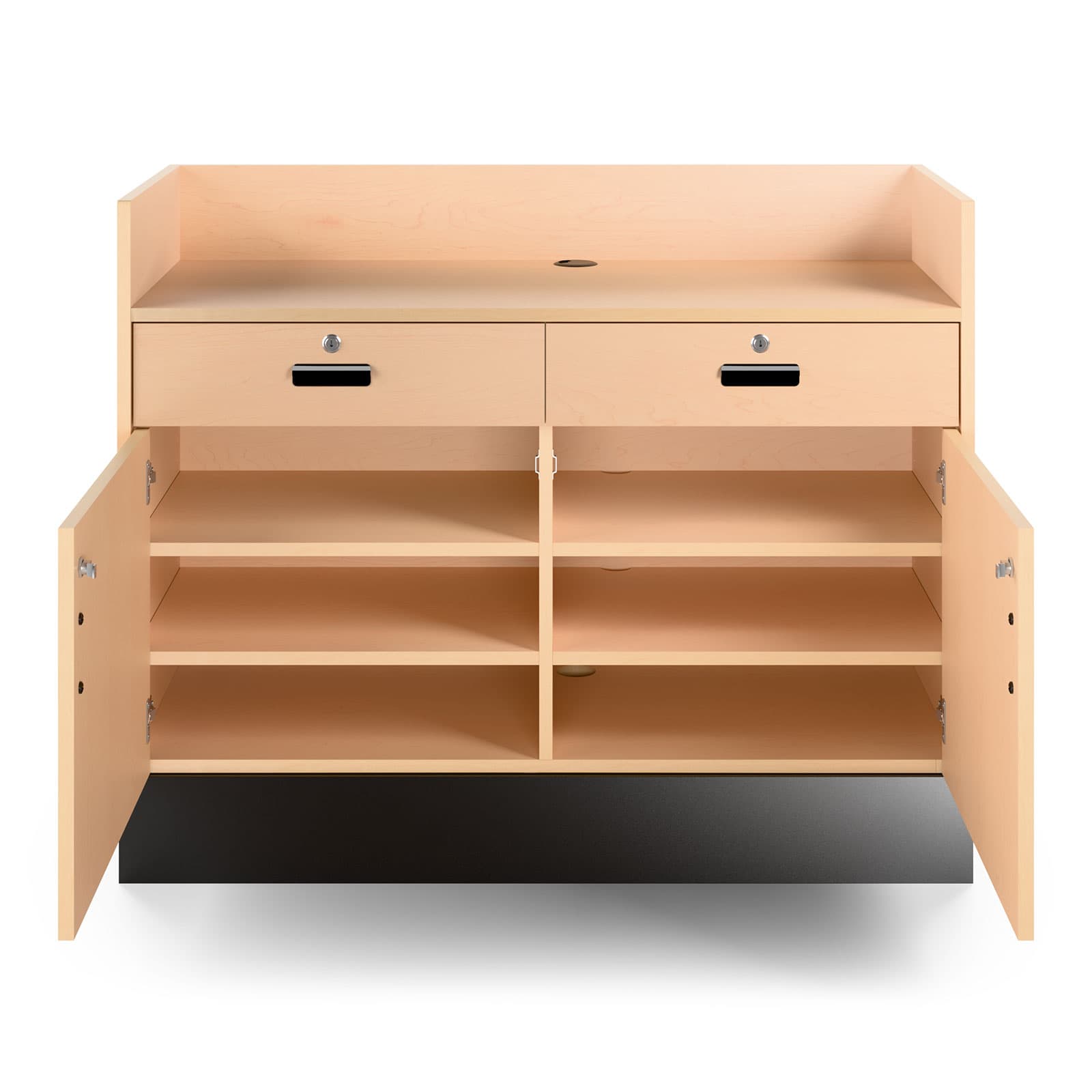 Recessed top sales counter with lockable storage showing doors open