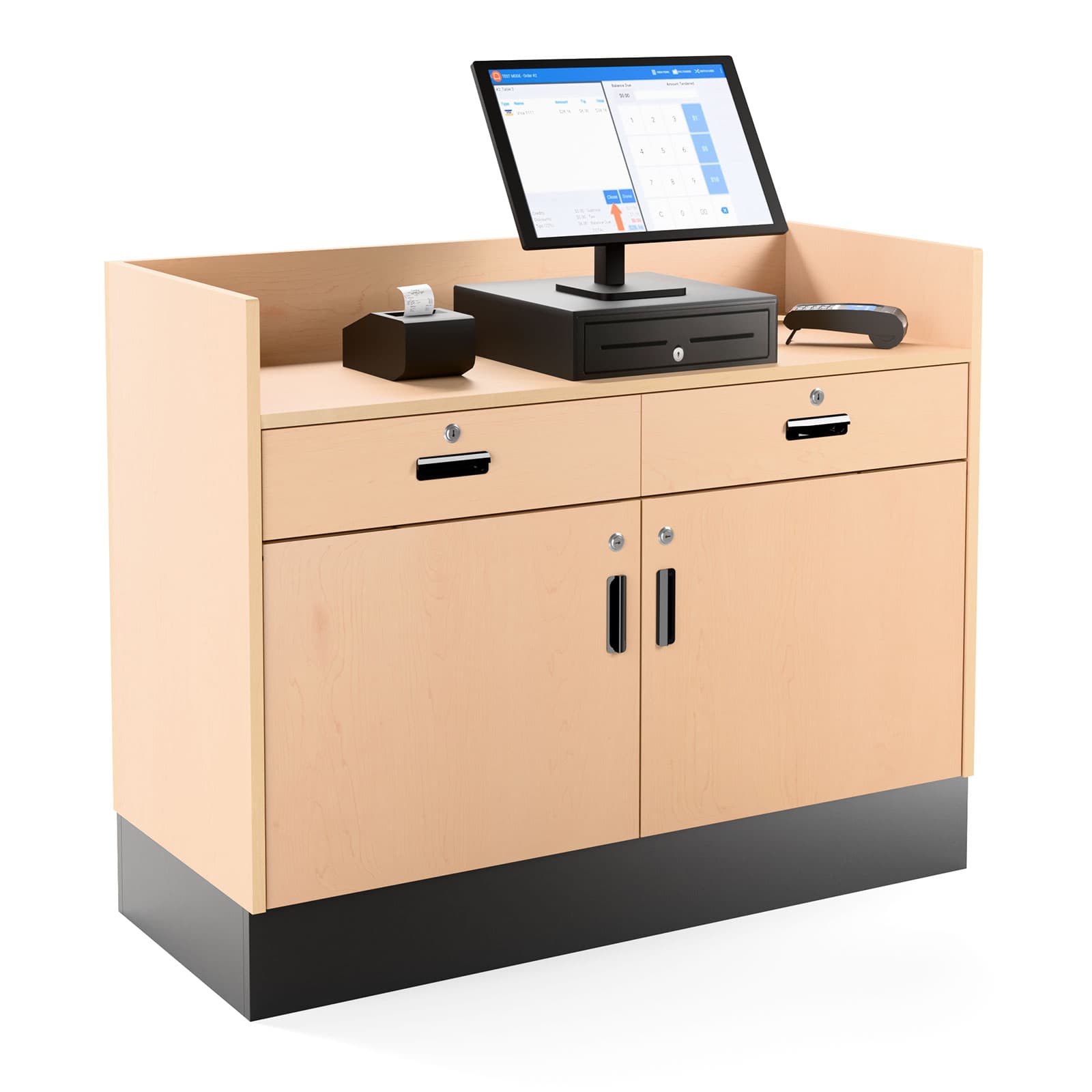 Recessed top sales counter with lockable storage offers plenty of space for checkouts