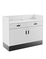Recessed top sales counter with lockable storage features two drawers and four adjustable shelves