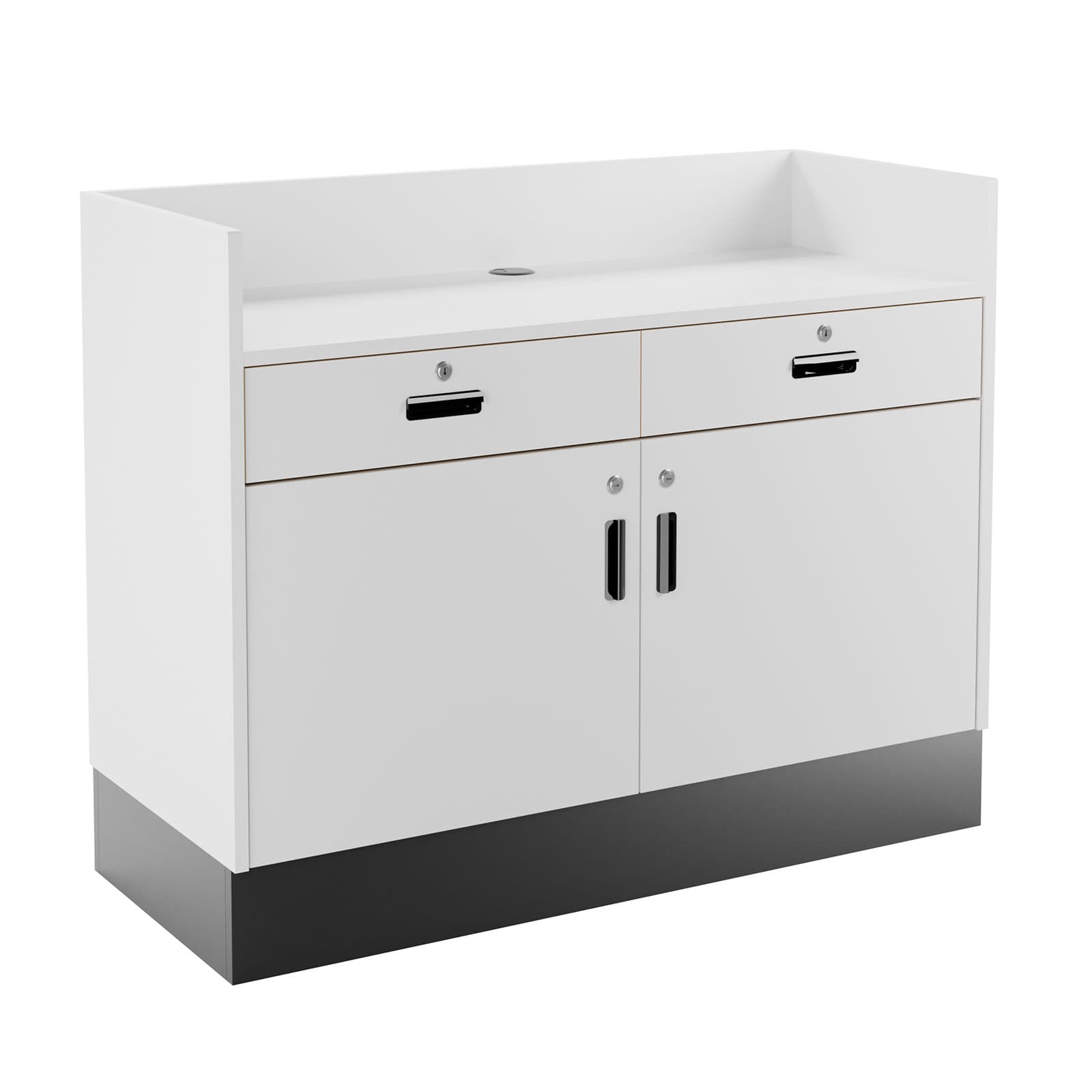 Recessed top sales counter with lockable storage features satin white finish