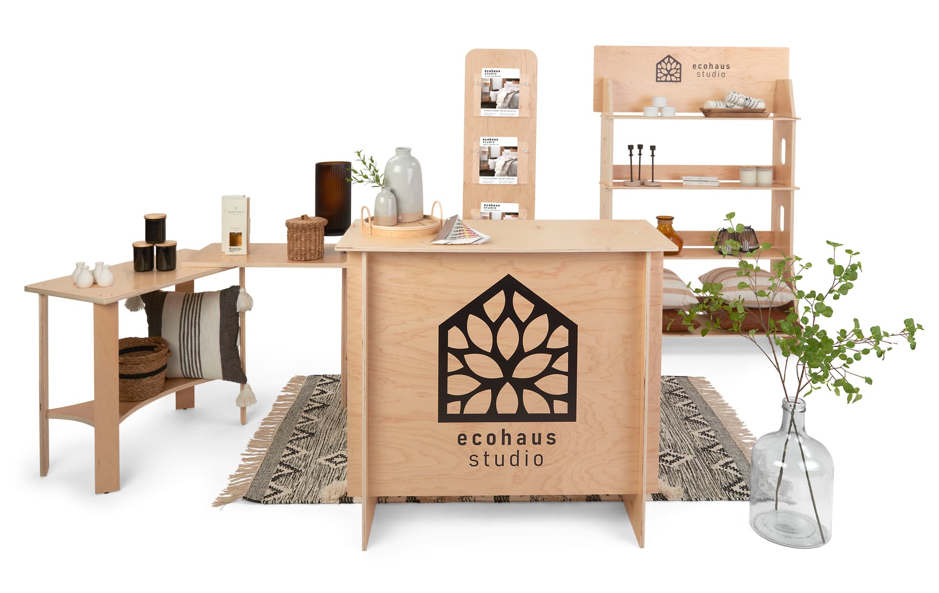 Custom-printed wooden shelf stand with 4 stationary shelving tiers