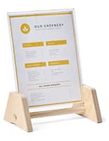 Wooden countertop sign holder measures 10 inches wide by 12 inches tall 
