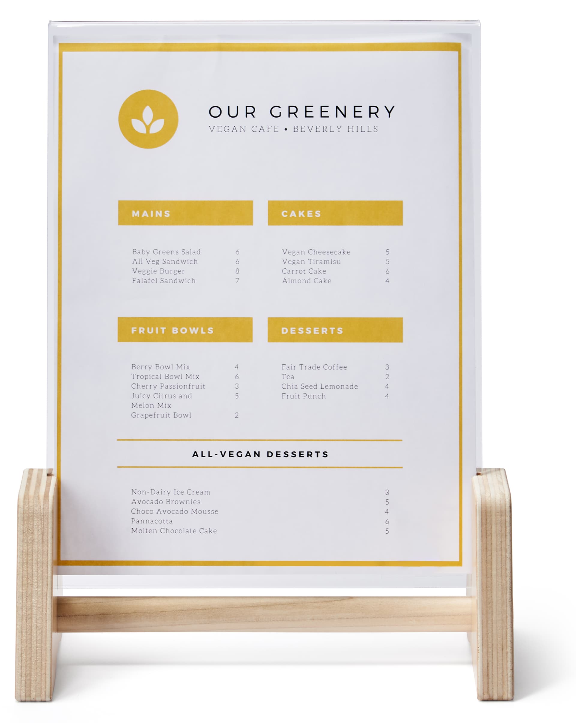 Wooden countertop sign holder with clear polycarbonate frame 