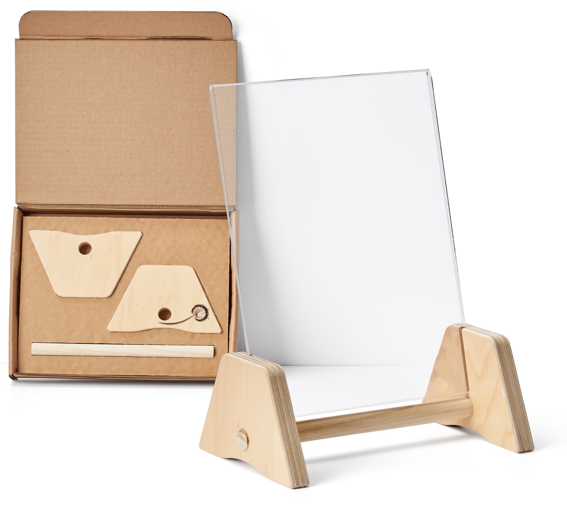 Wooden countertop sign holder with flat pack design 