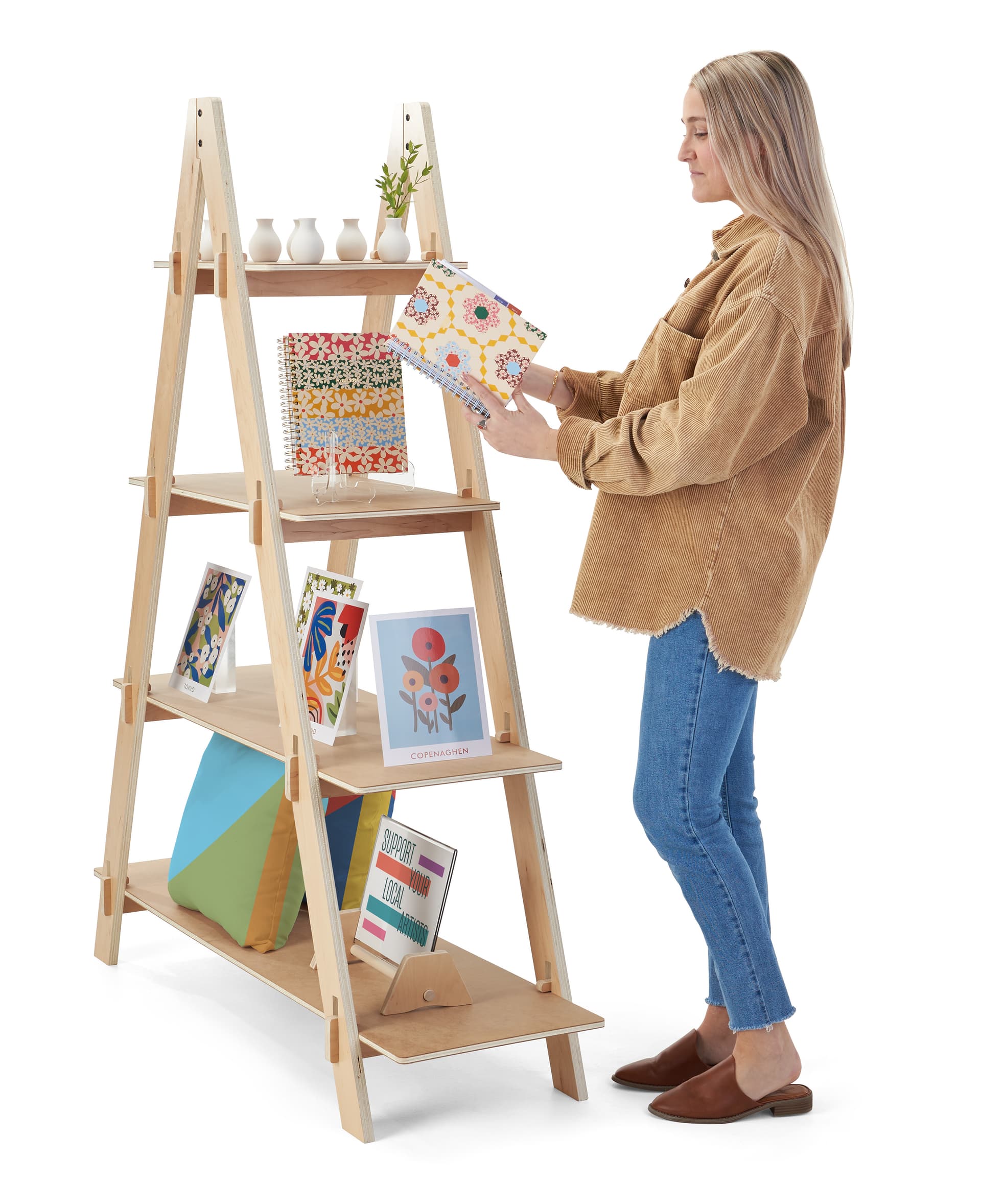 A-frame shelf made out of high-density fiberboard outer layers and sustainable plantation grown wood