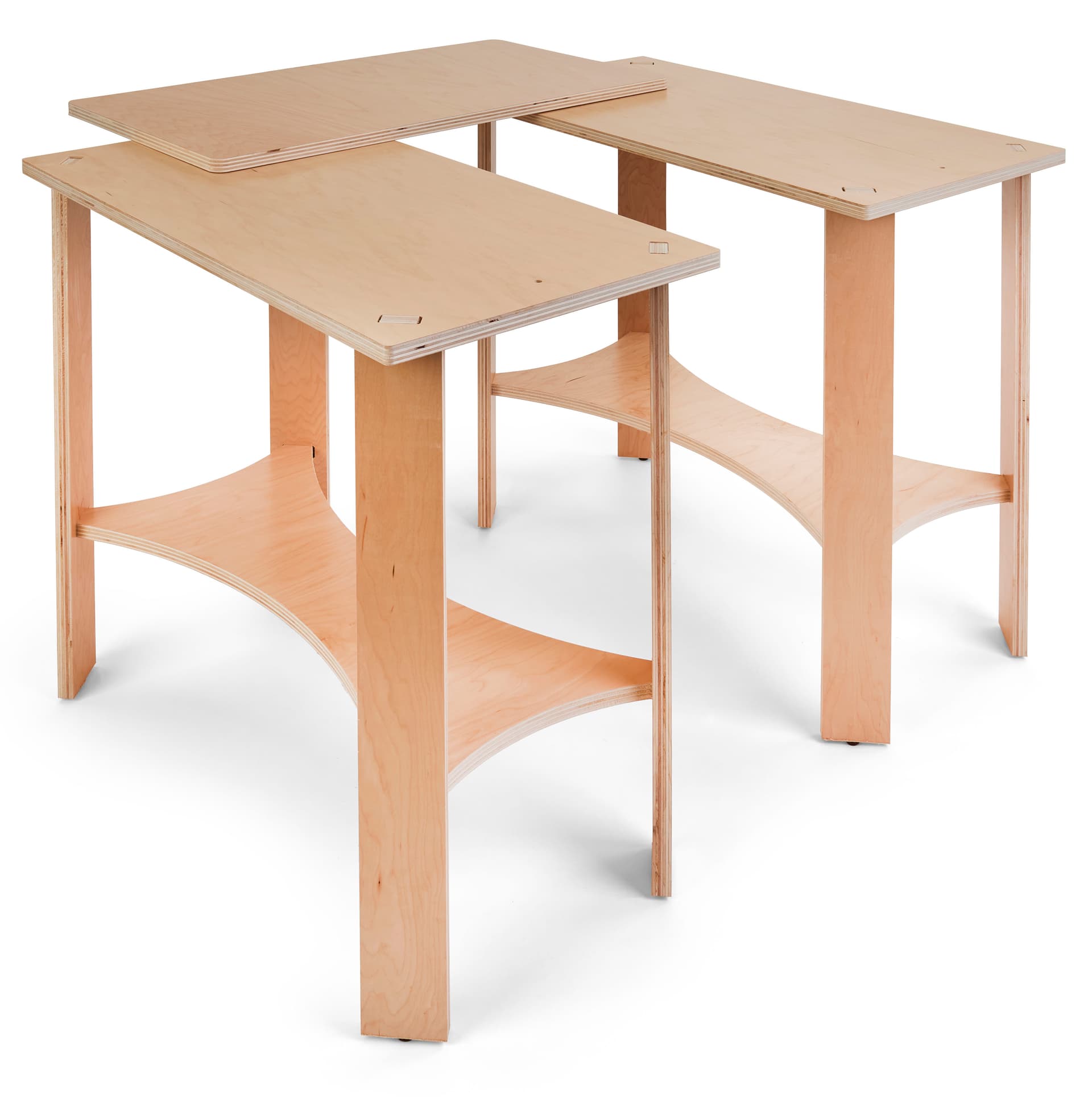 Collapsible wooden display tables with three individual tabletops 