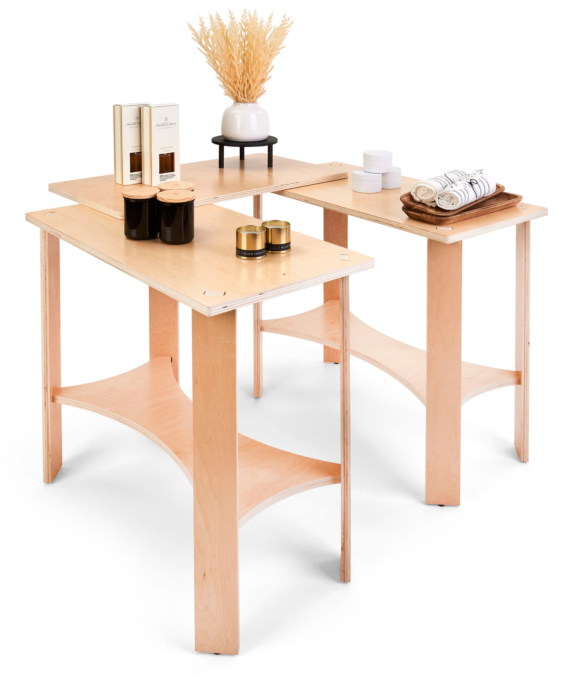 Collapsible wooden display tables with 2 support bars and protective feet 