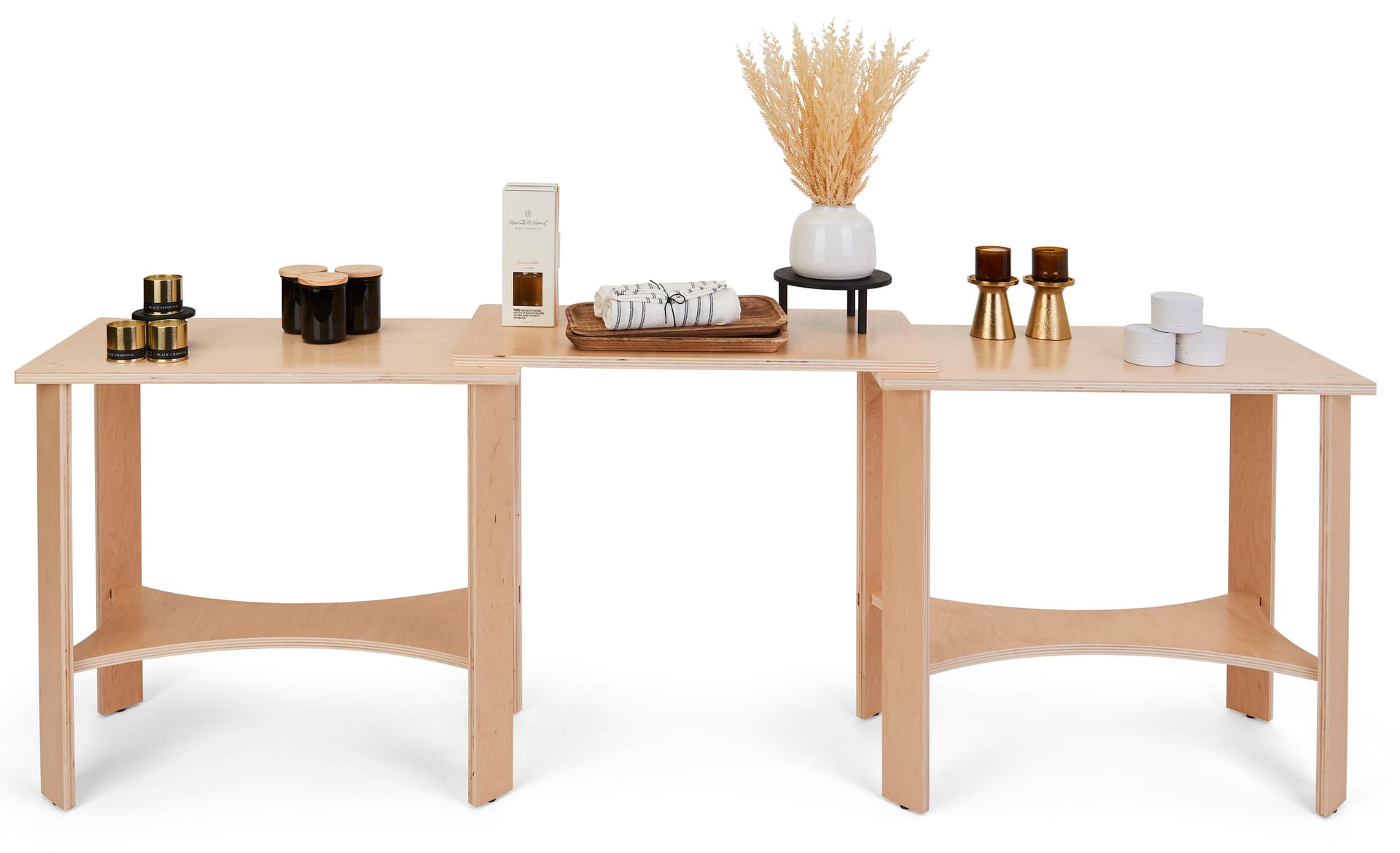 Collapsible wooden display tables with 40lb maximum weight capacity per table 