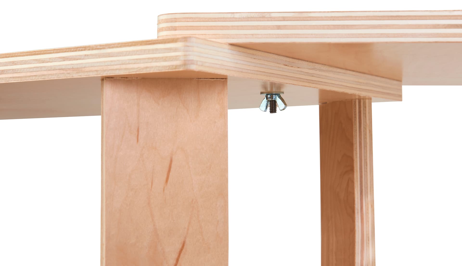 Collapsible wooden display tables with screw attachment and hinge design
