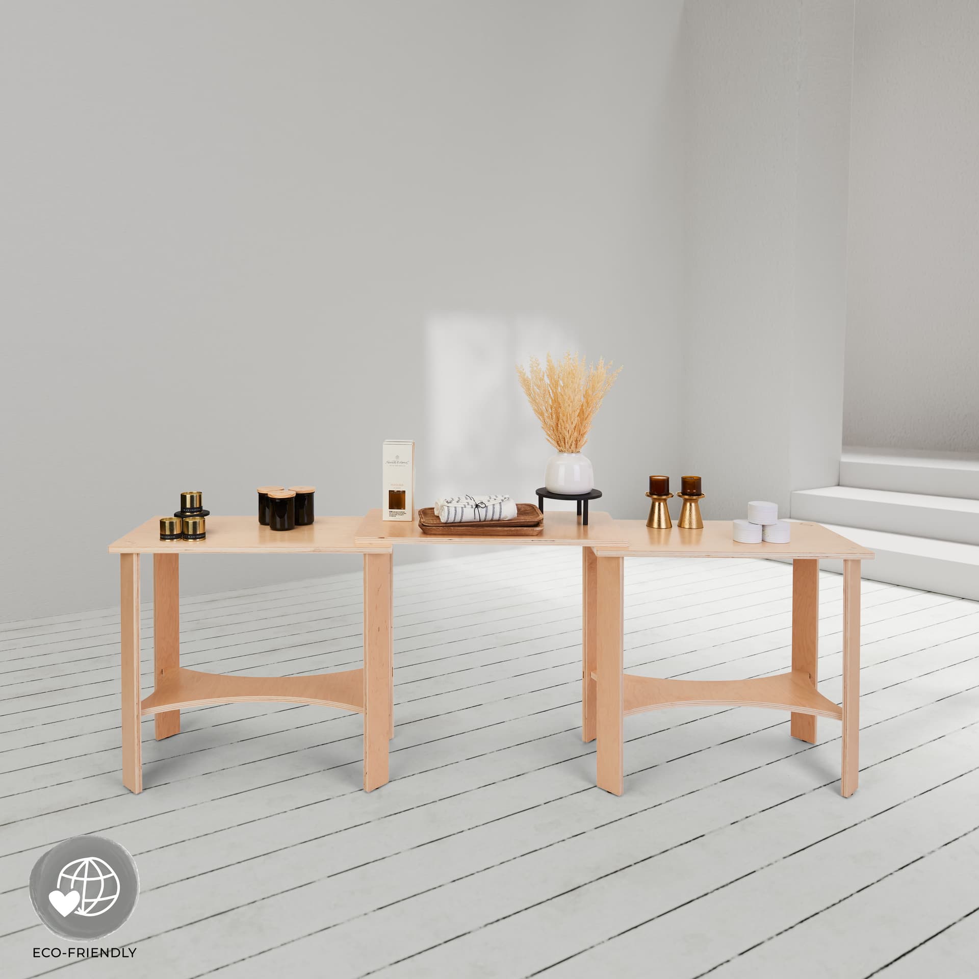 Collapsible wooden display tables with floor standing placement 