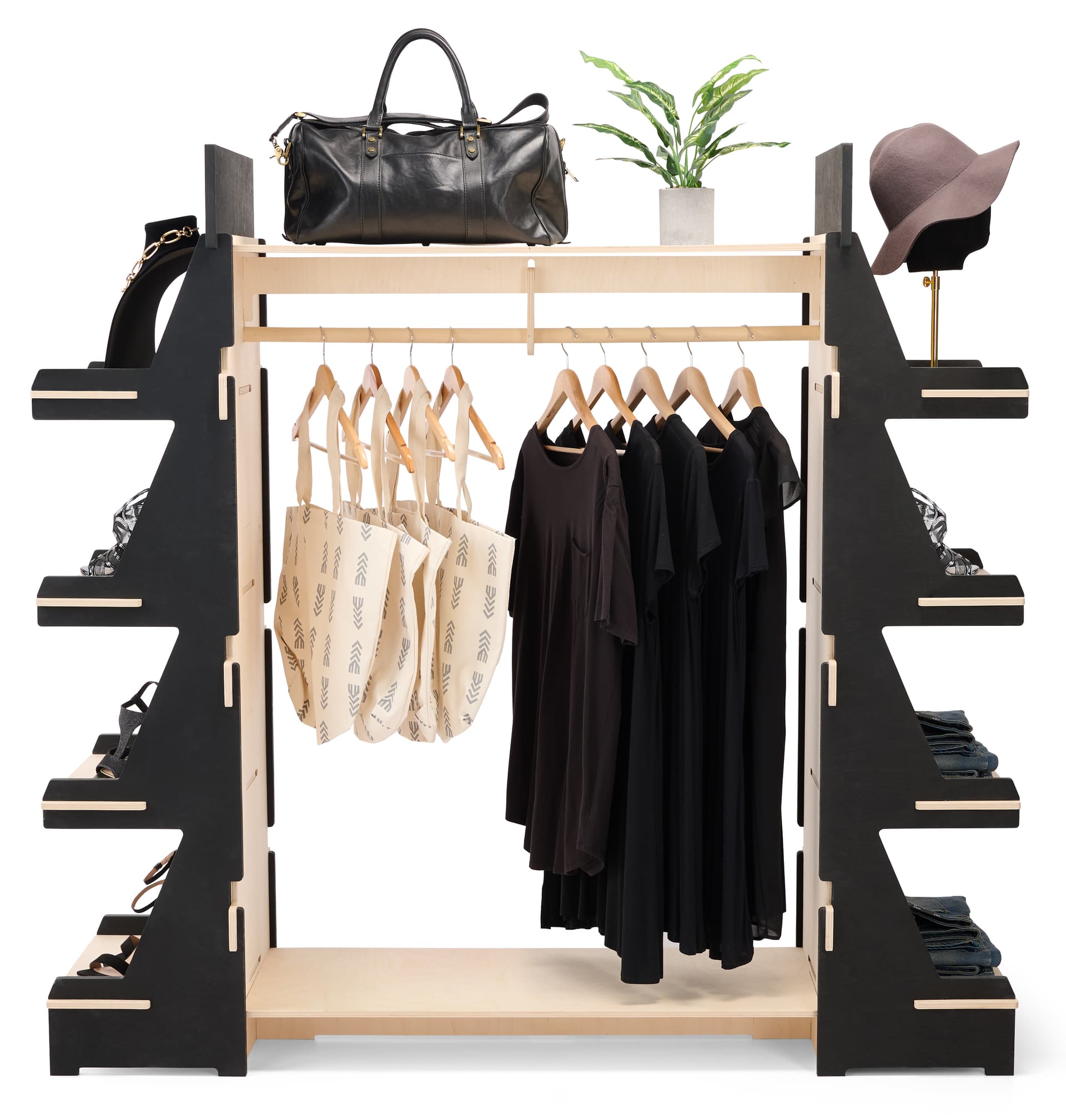 Clothing rack with shelves with overall weight of 50 pounds