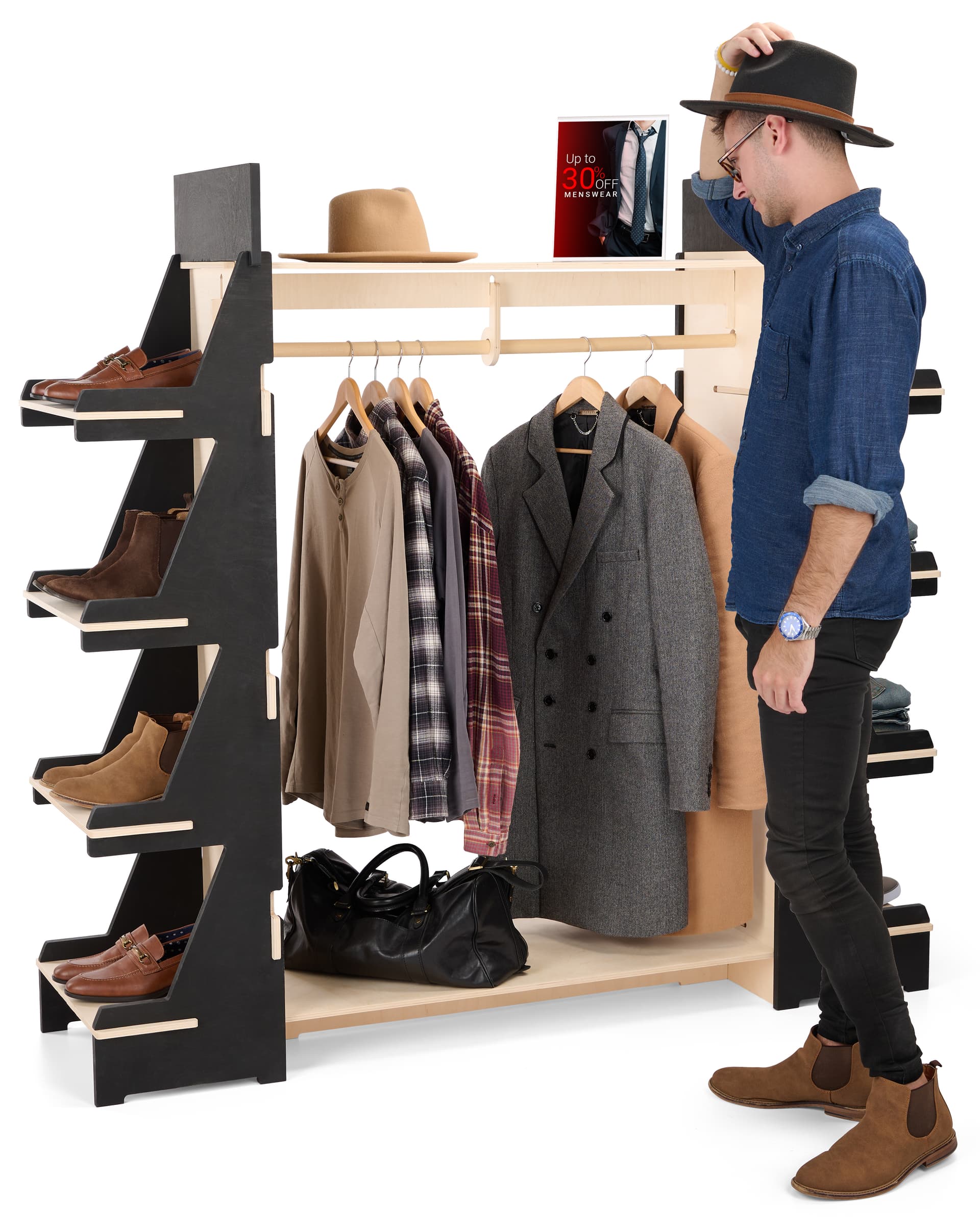 Clothing rack with shelves with 52 inch garment bar length 
