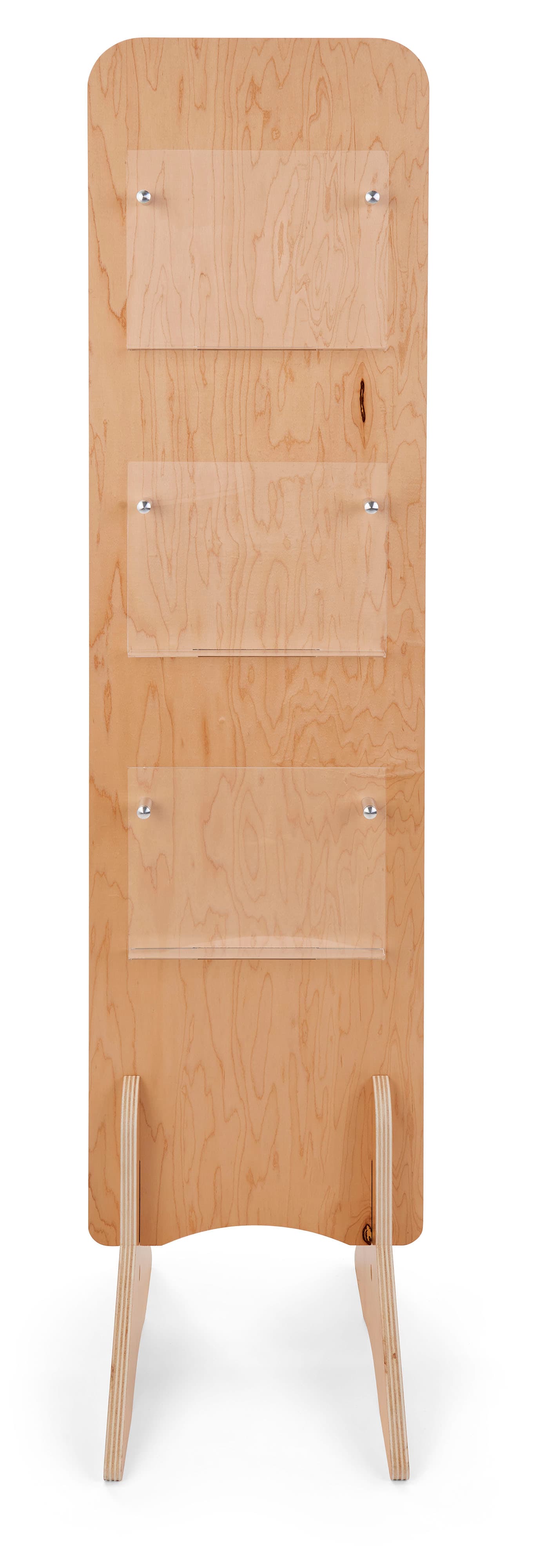 Knockdown wood literature stand measures 15 inches wide by 66 inches tall 