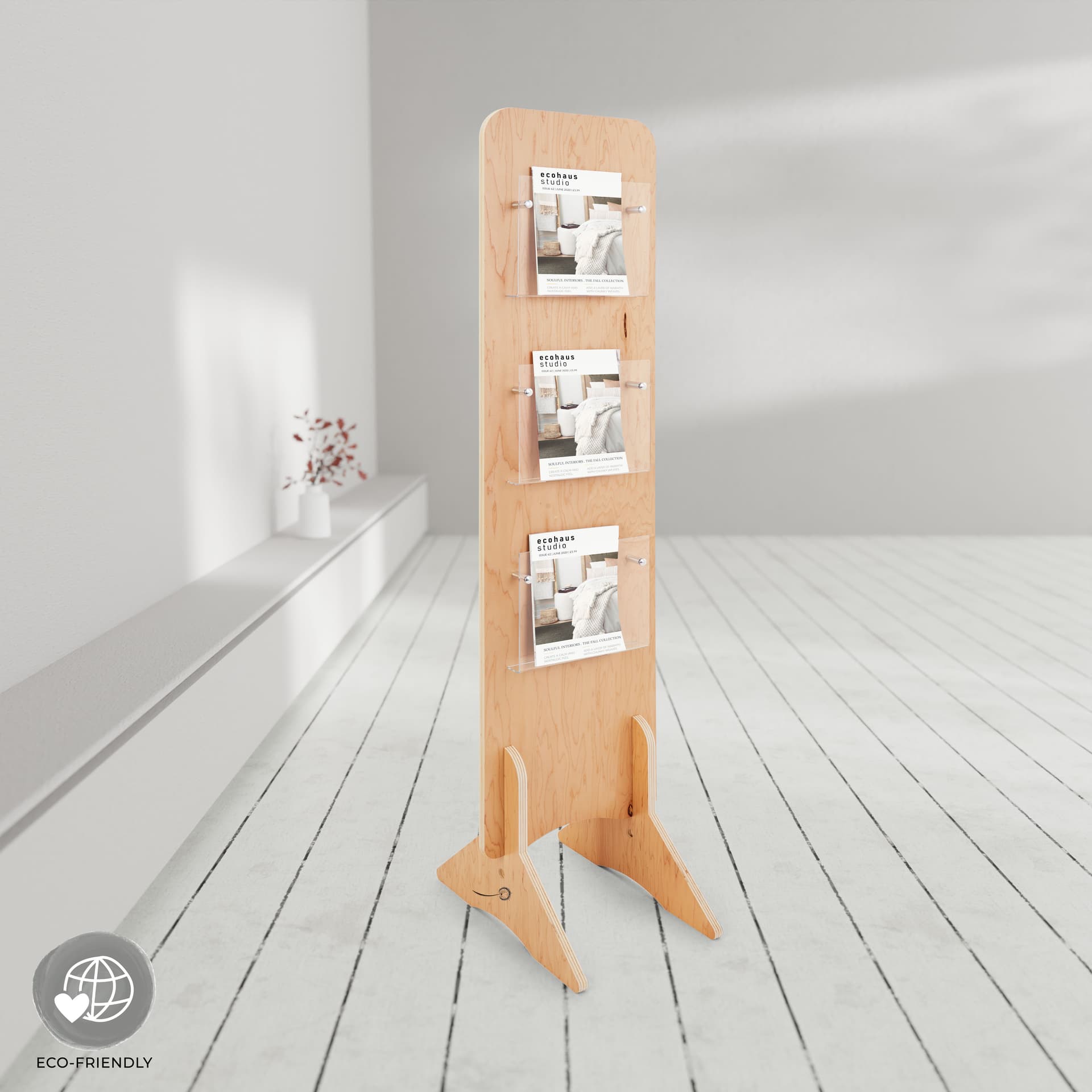 Knockdown wood literature stand with eco-friendly construction