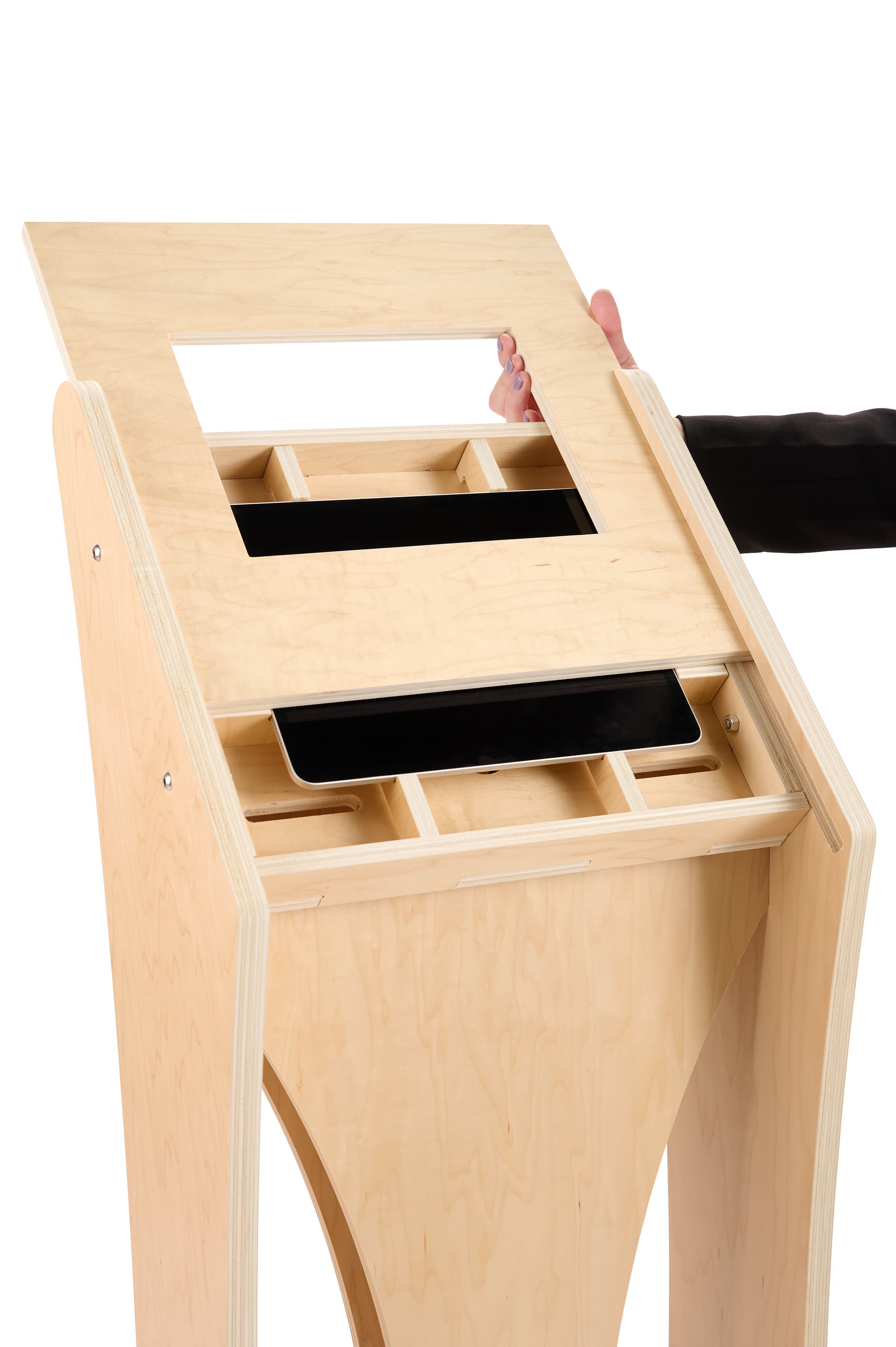 Wooden iPad floor stand in landscape orientation
