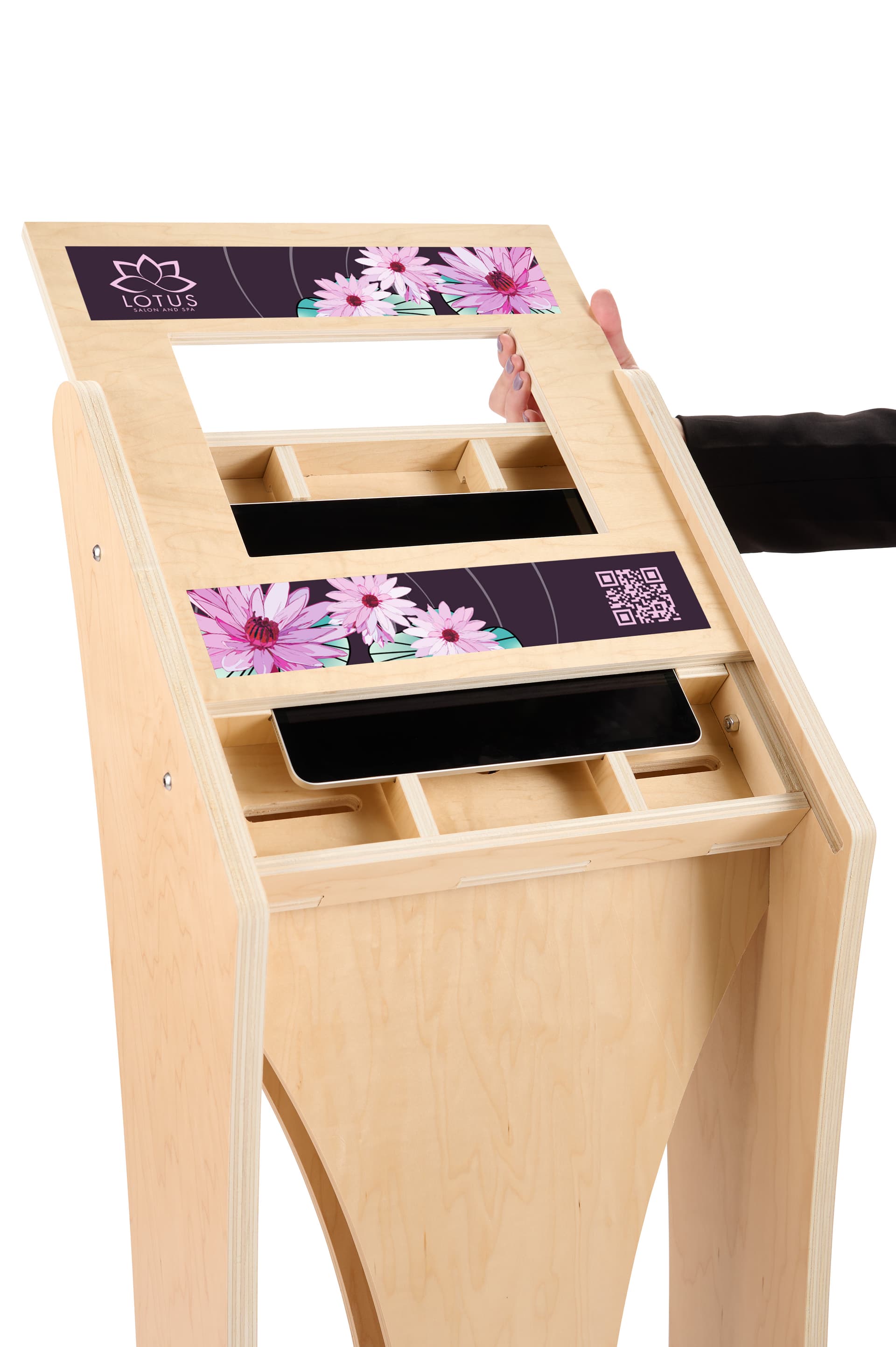 Wooden iPad kiosk with graphics with sliding faceplate in landscape orientation