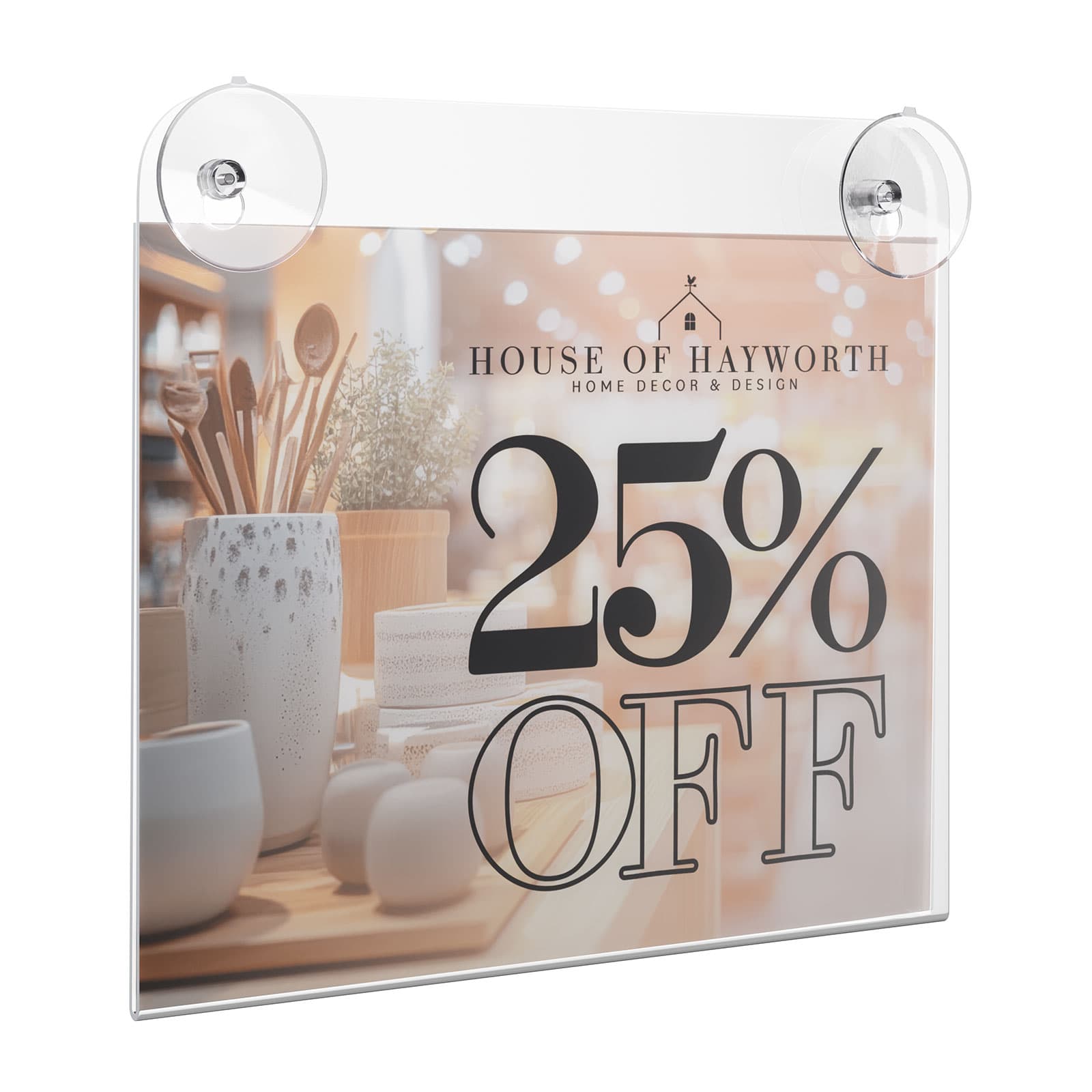 Glass mount sign holder sized for letter-size inserts in landscape format