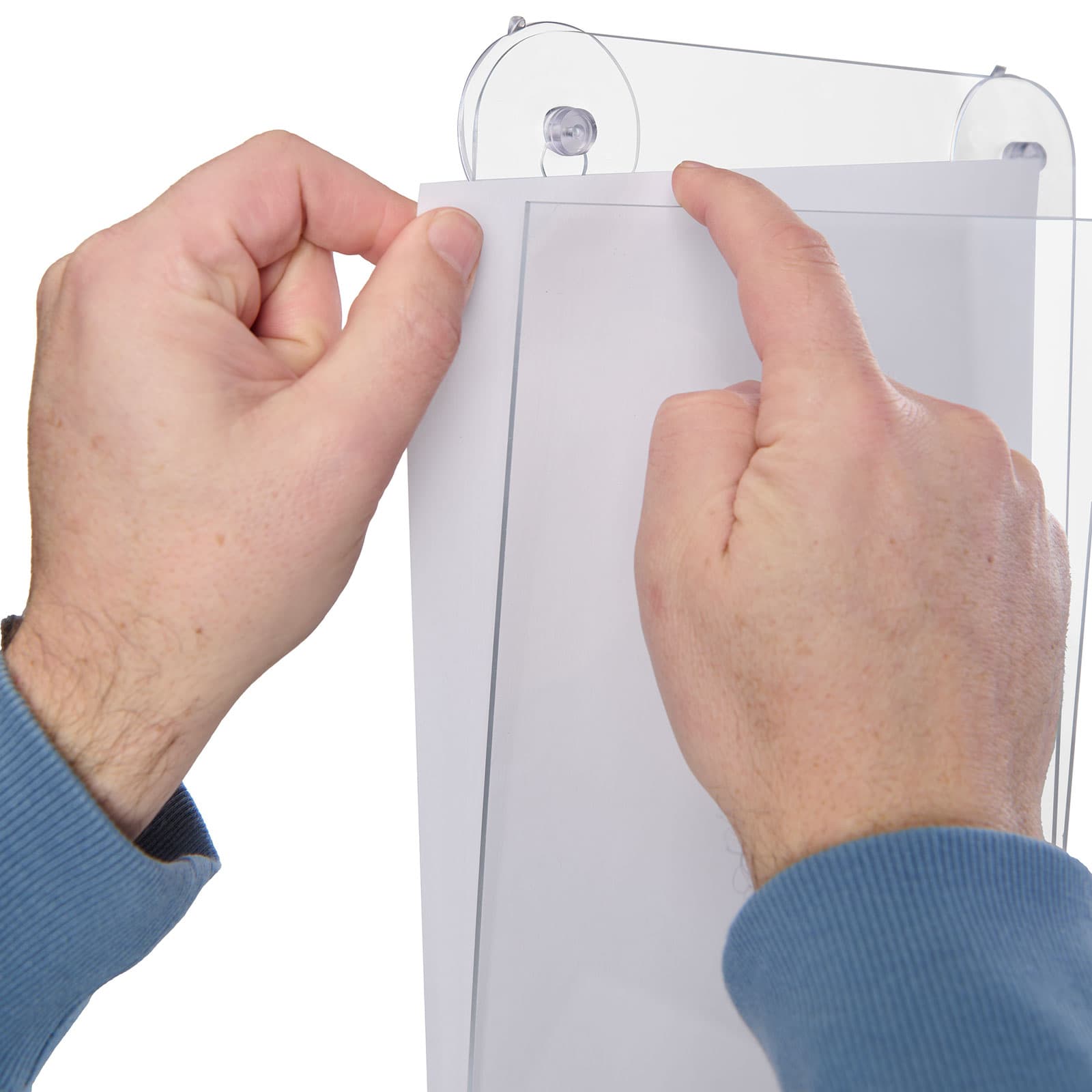 Glass mount sign holder updates easily with the touch of a finger
