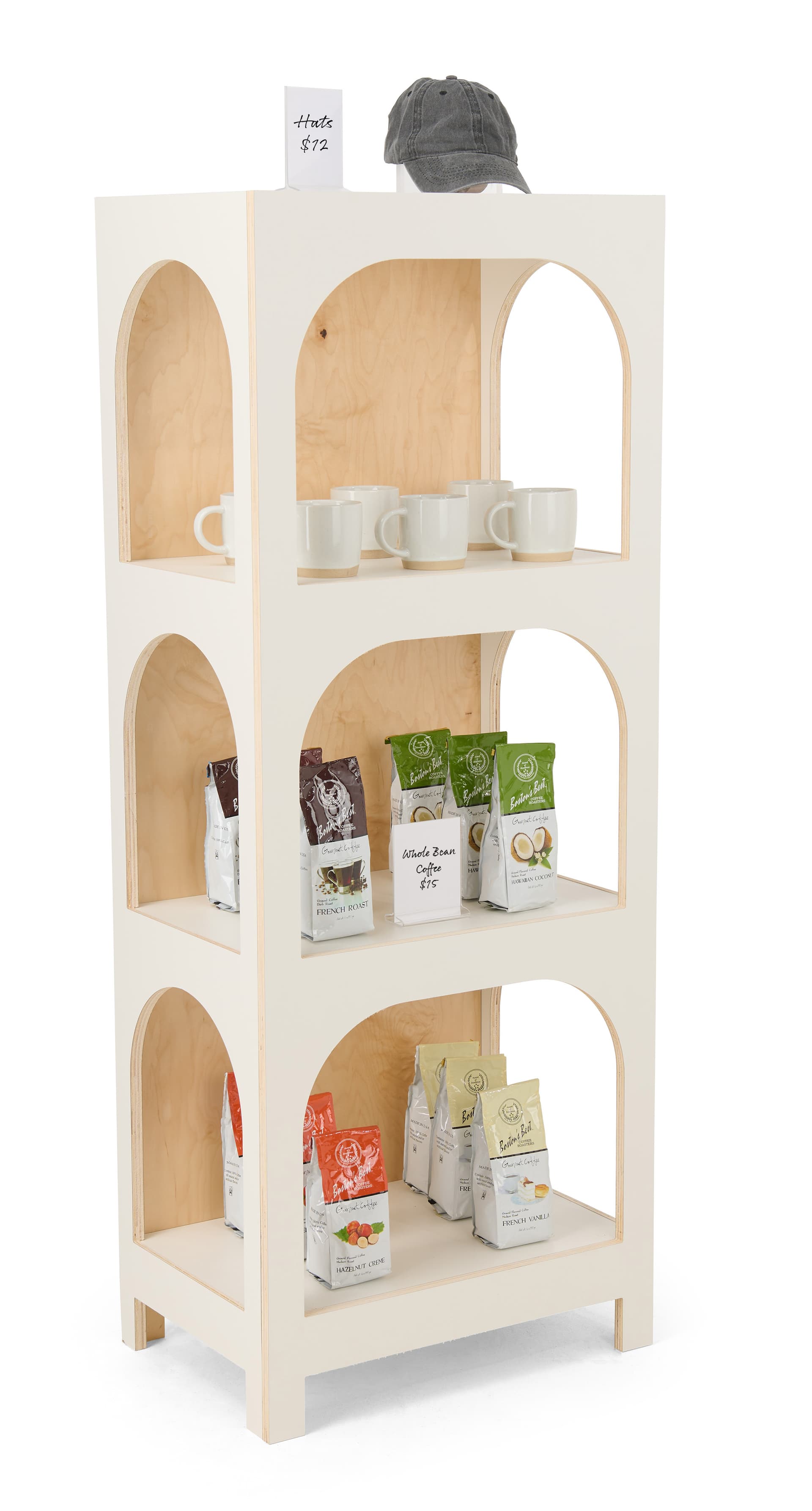 Arch display shelf with floor standing placement style