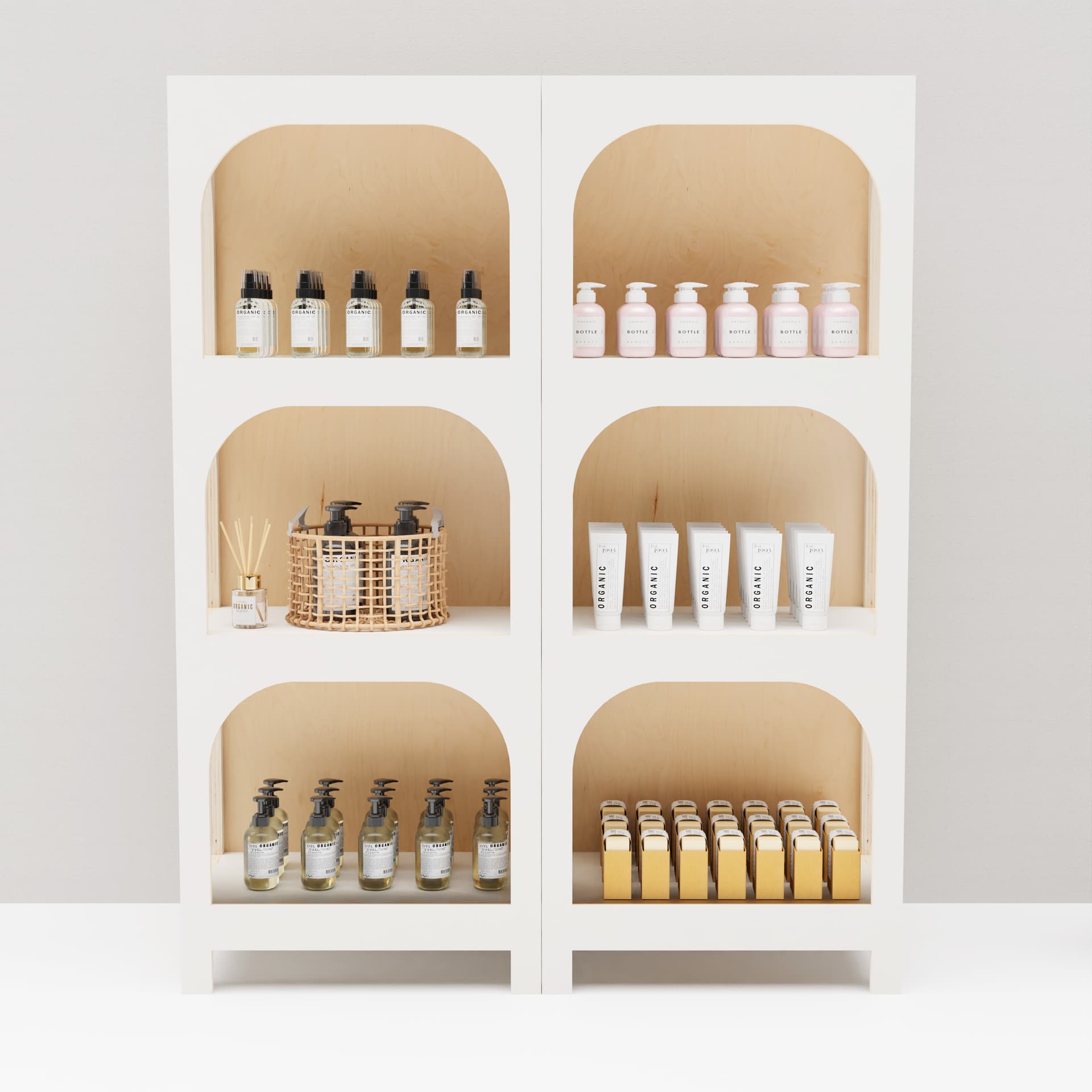 Arch display shelf with aligned side arches to expand configurations 