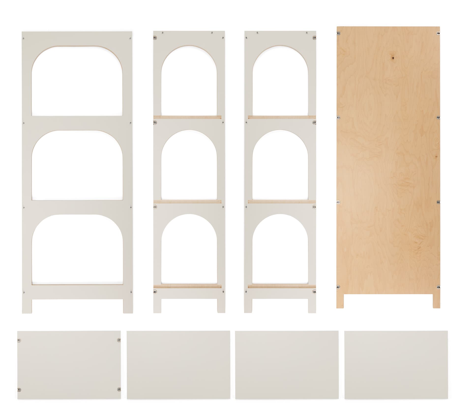 Arch display shelf with flat pack knock down design 