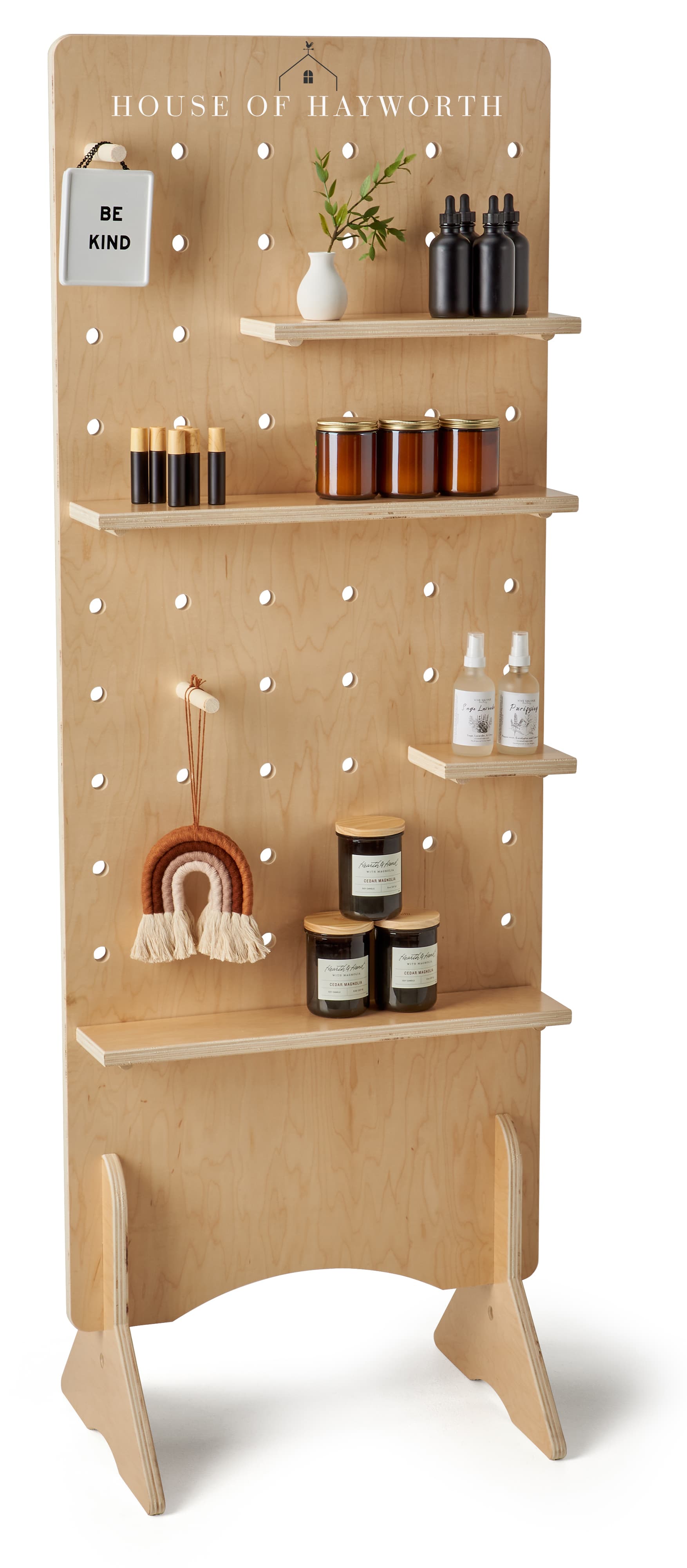 Wooden pegboard floor display with poplar wood core construction 