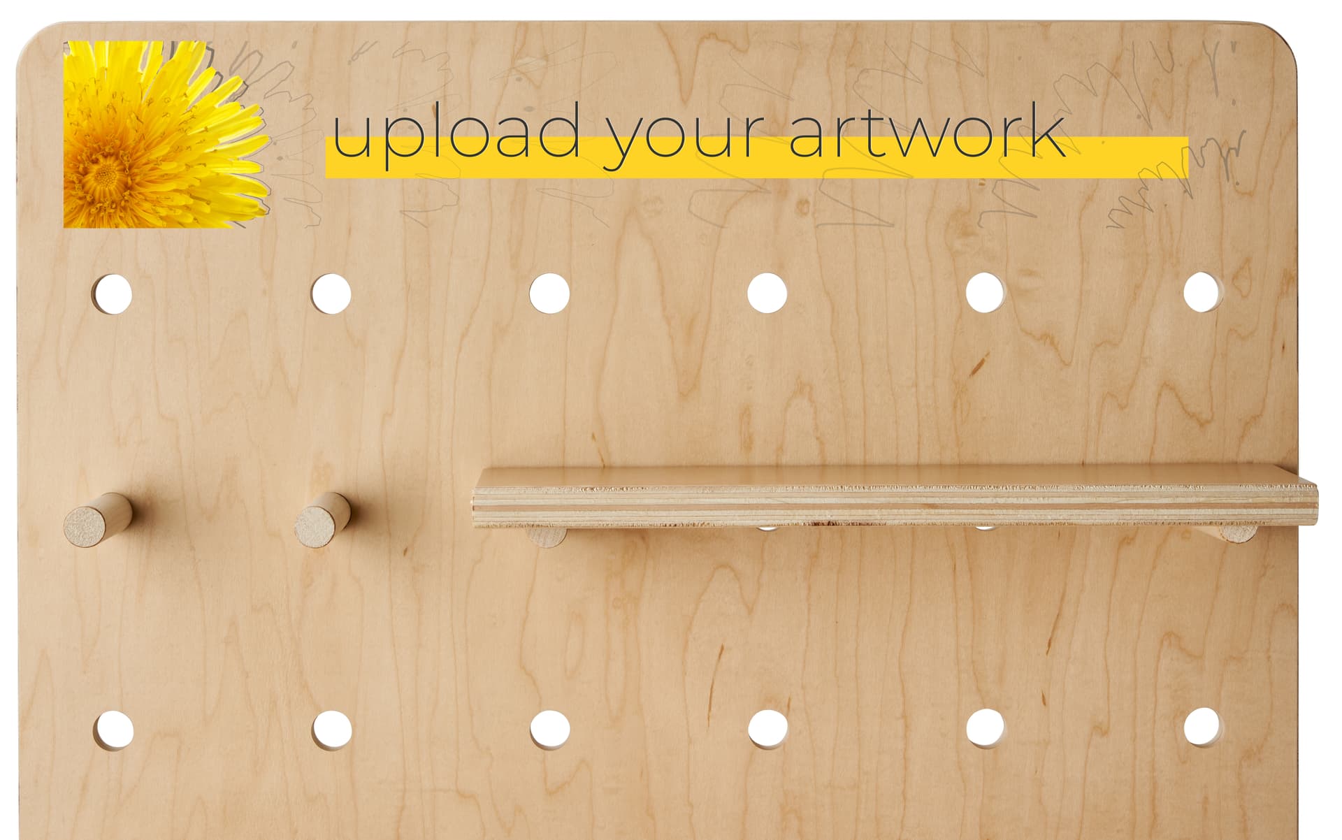 Wooden pegboard floor display with custom artwork options 
