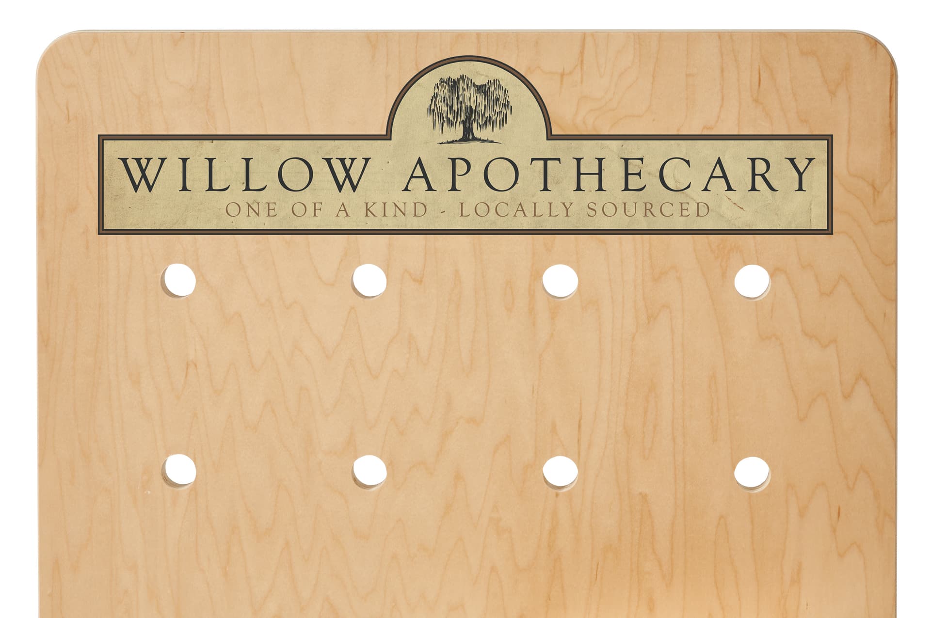 Custom printed pegboard retail display with 14 x 3 header space 