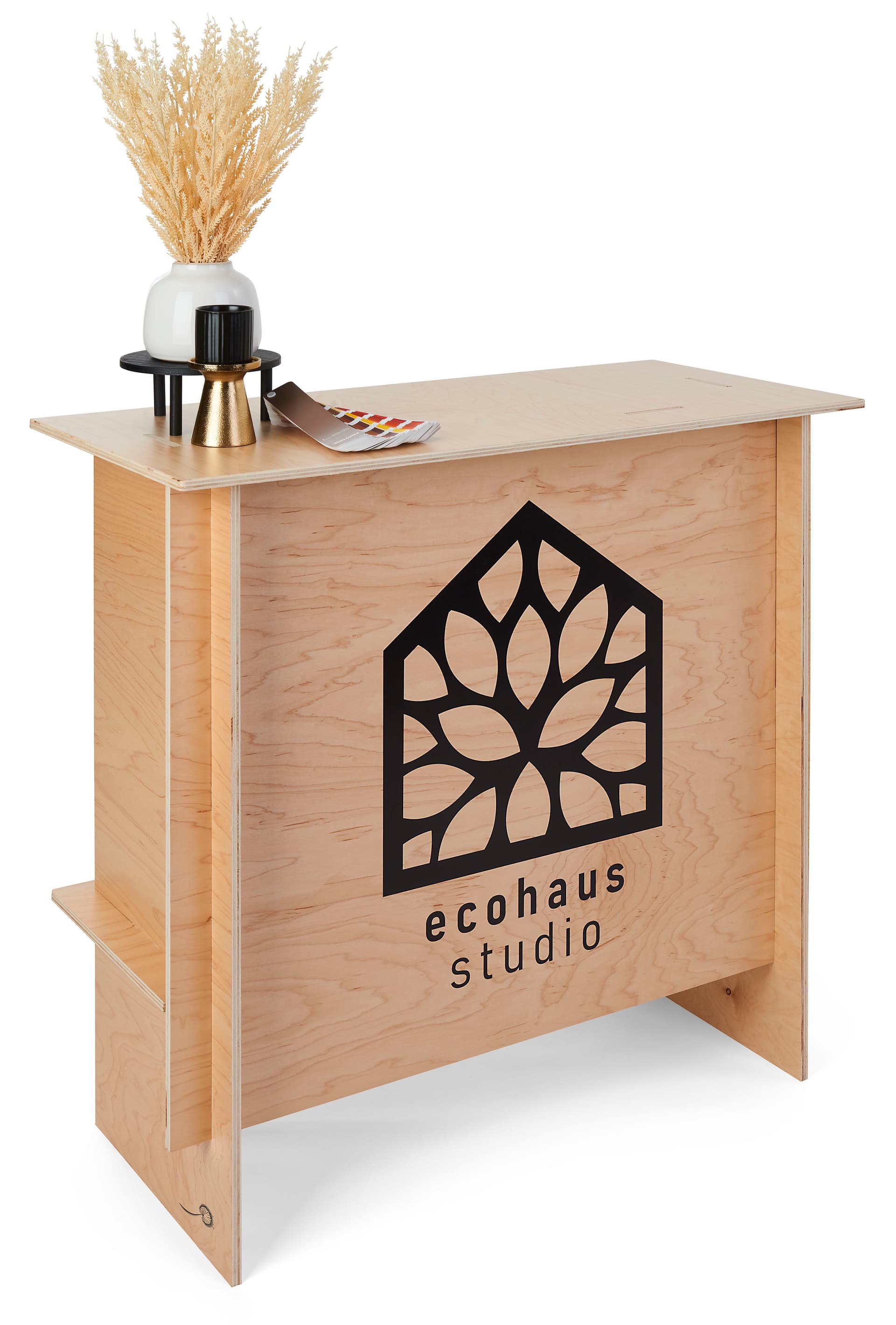 Custom-printed wooden display counter with UV printed graphics 