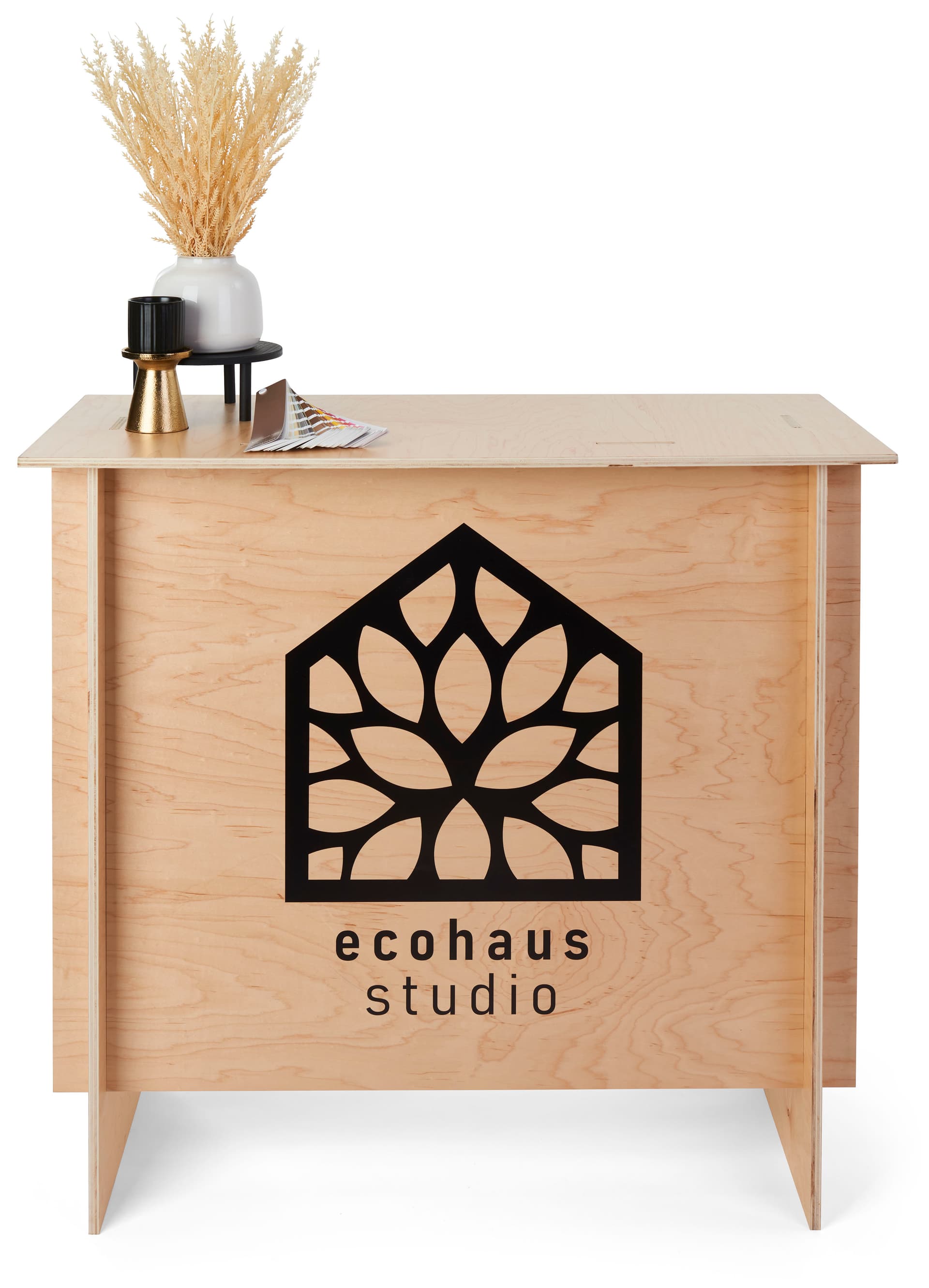 Custom-printed wooden display counter measures 40 inches wide 