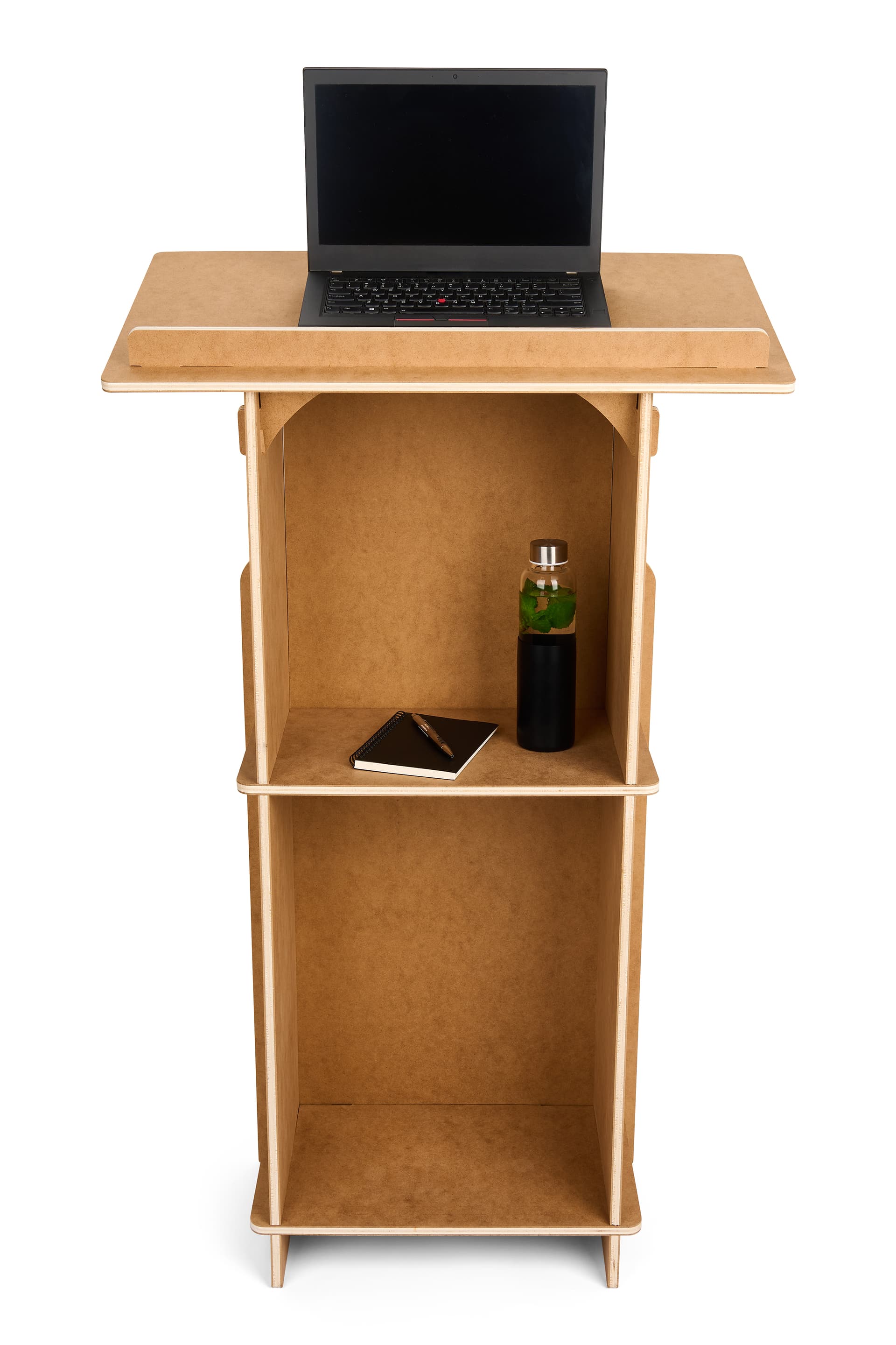 Collapsible podium with custom graphics, lip edge and shelves