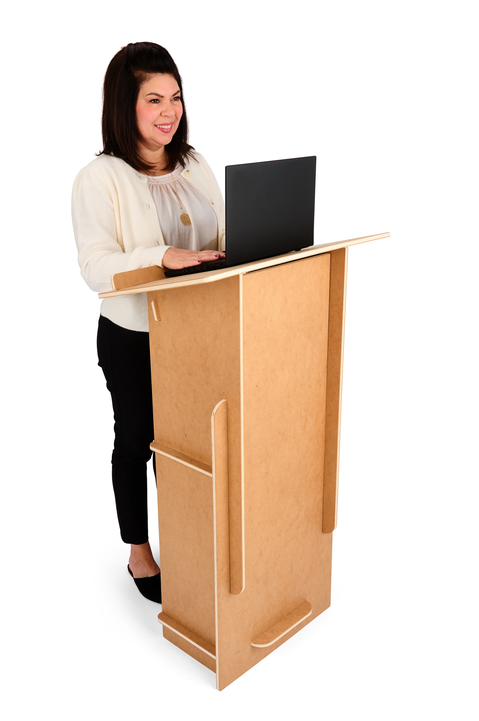 Portable podium with lip edge keeps your technology or presentation notes in place