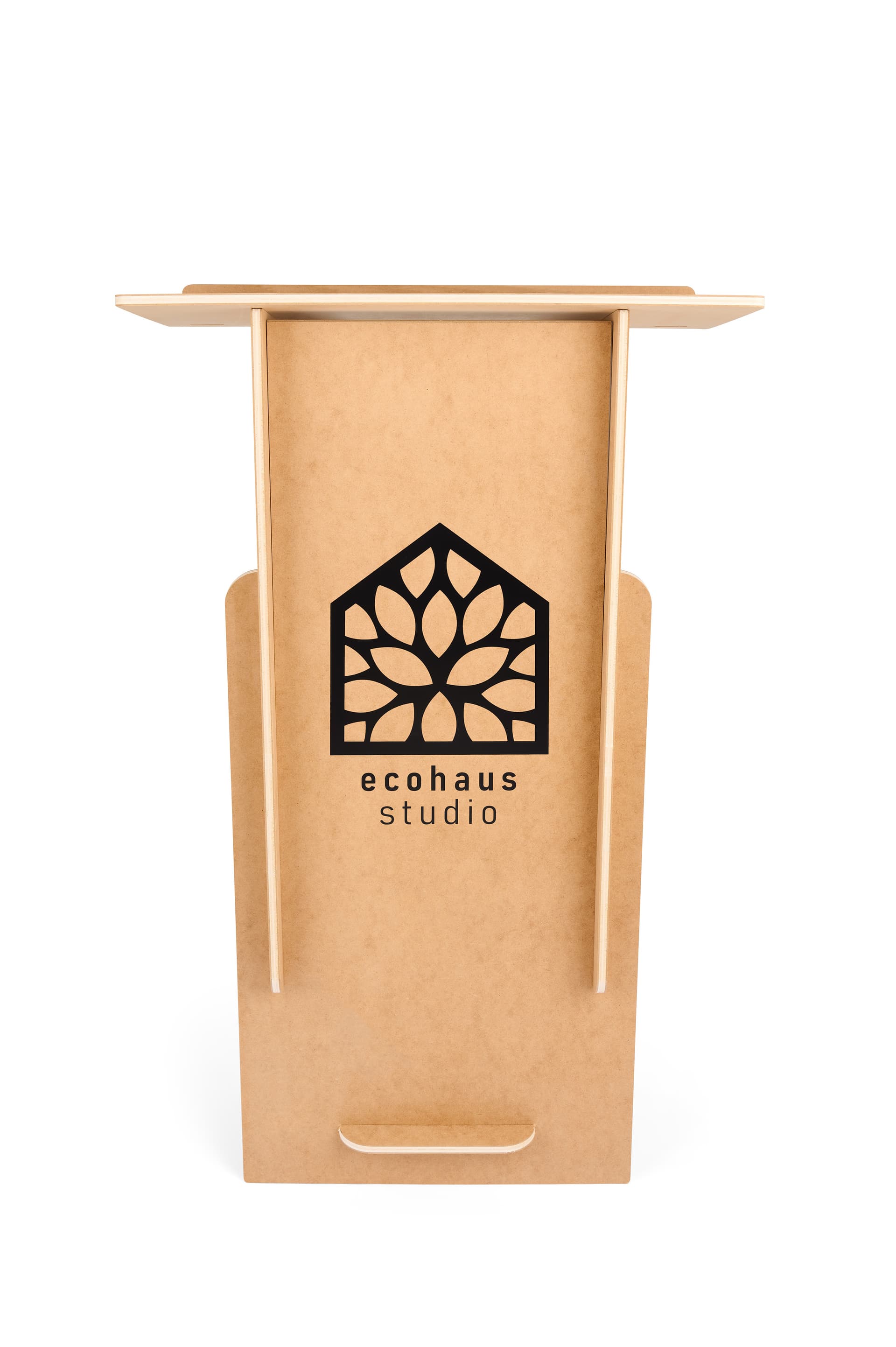Collapsible podium with custom graphics made with eco-friendly hardboard